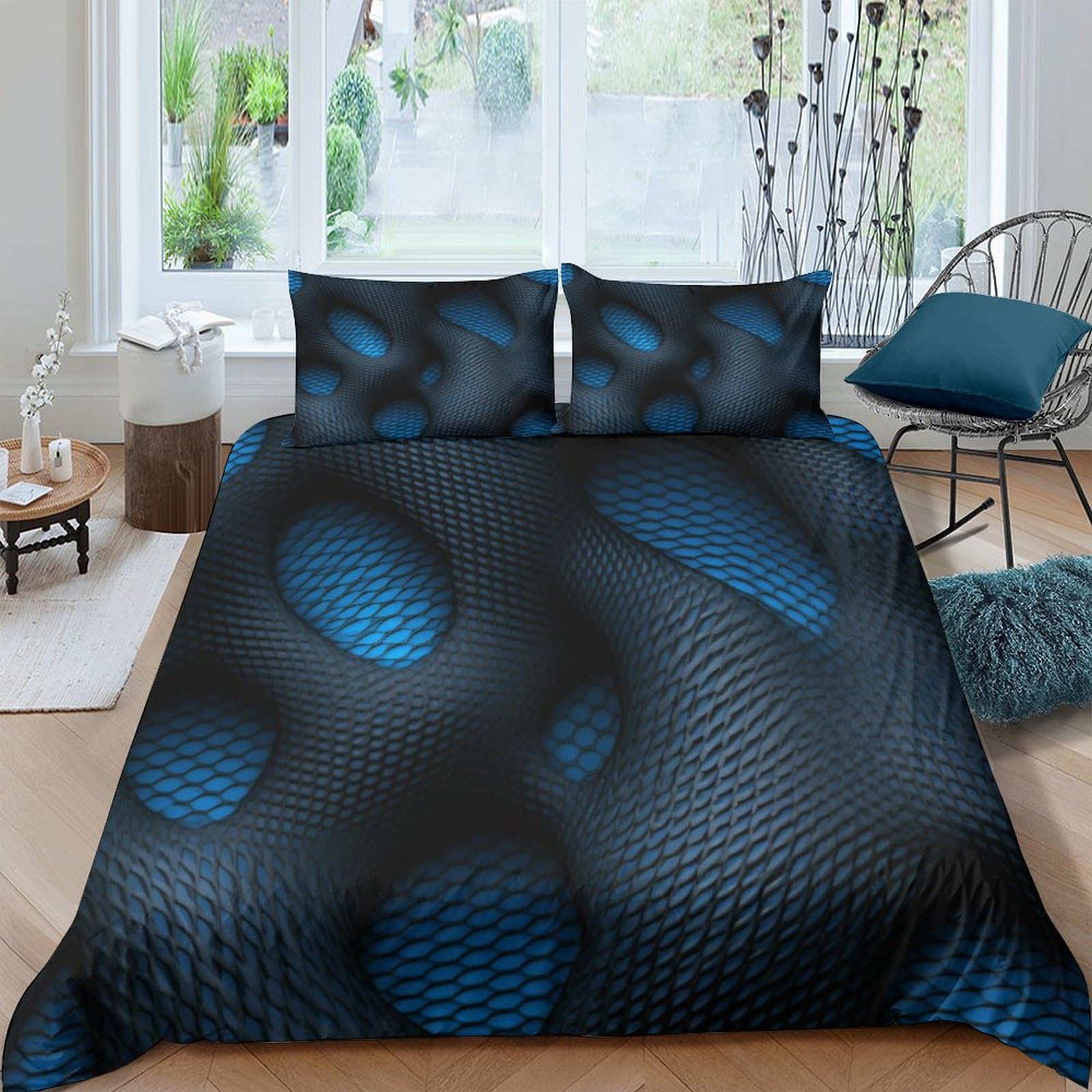 Parure de lit hypoallergénique 3D géométrique bleu et noir avec fermeture éclair