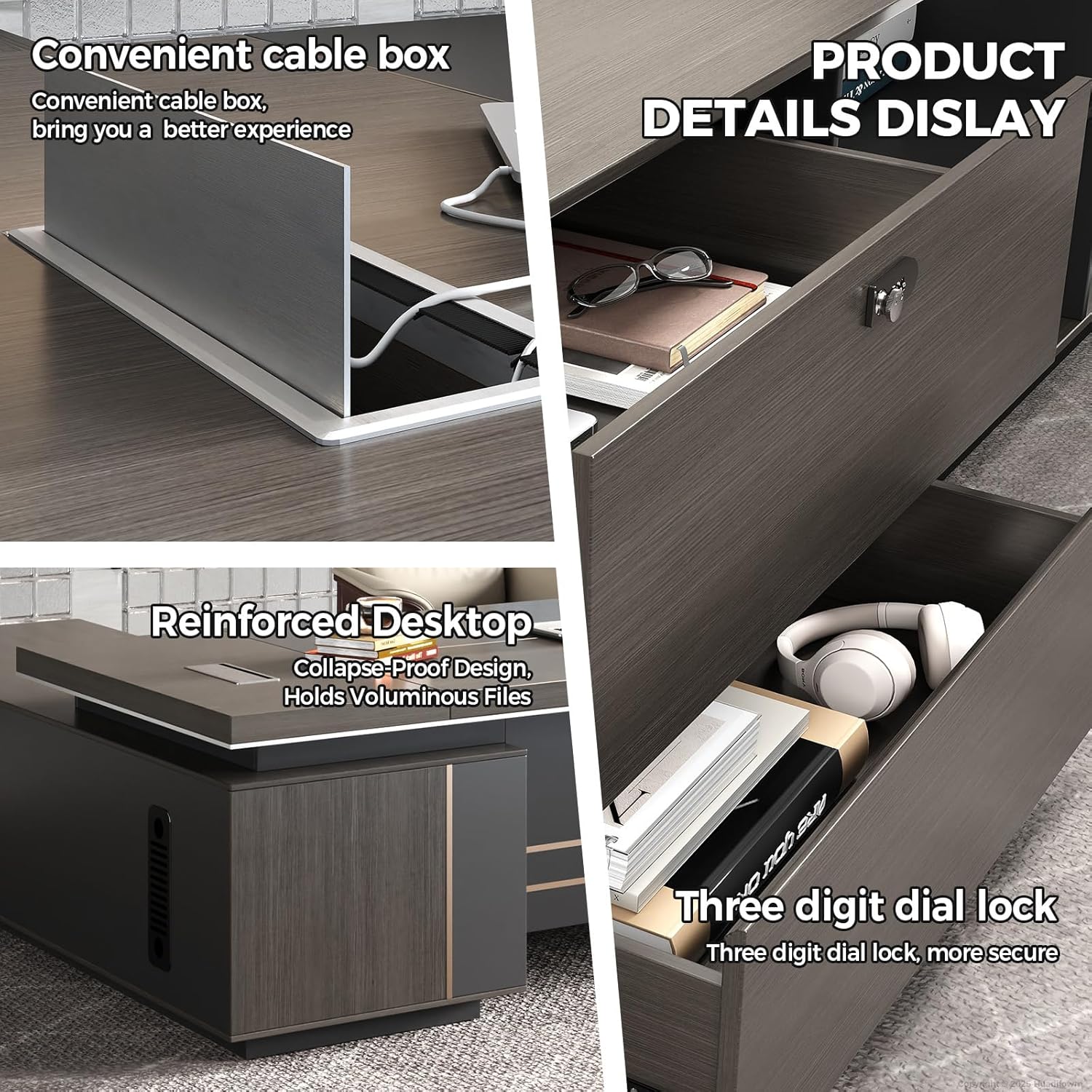 94" L-Shaped Executive Desk with Reversible Return, Built-In Power & Connectivity Hub, 3-Digit Locking Drawer, HDMI, RJ45 & Cable Management, Dual-Tone Office Desk in Obsidian Gray & Mocha Walnut