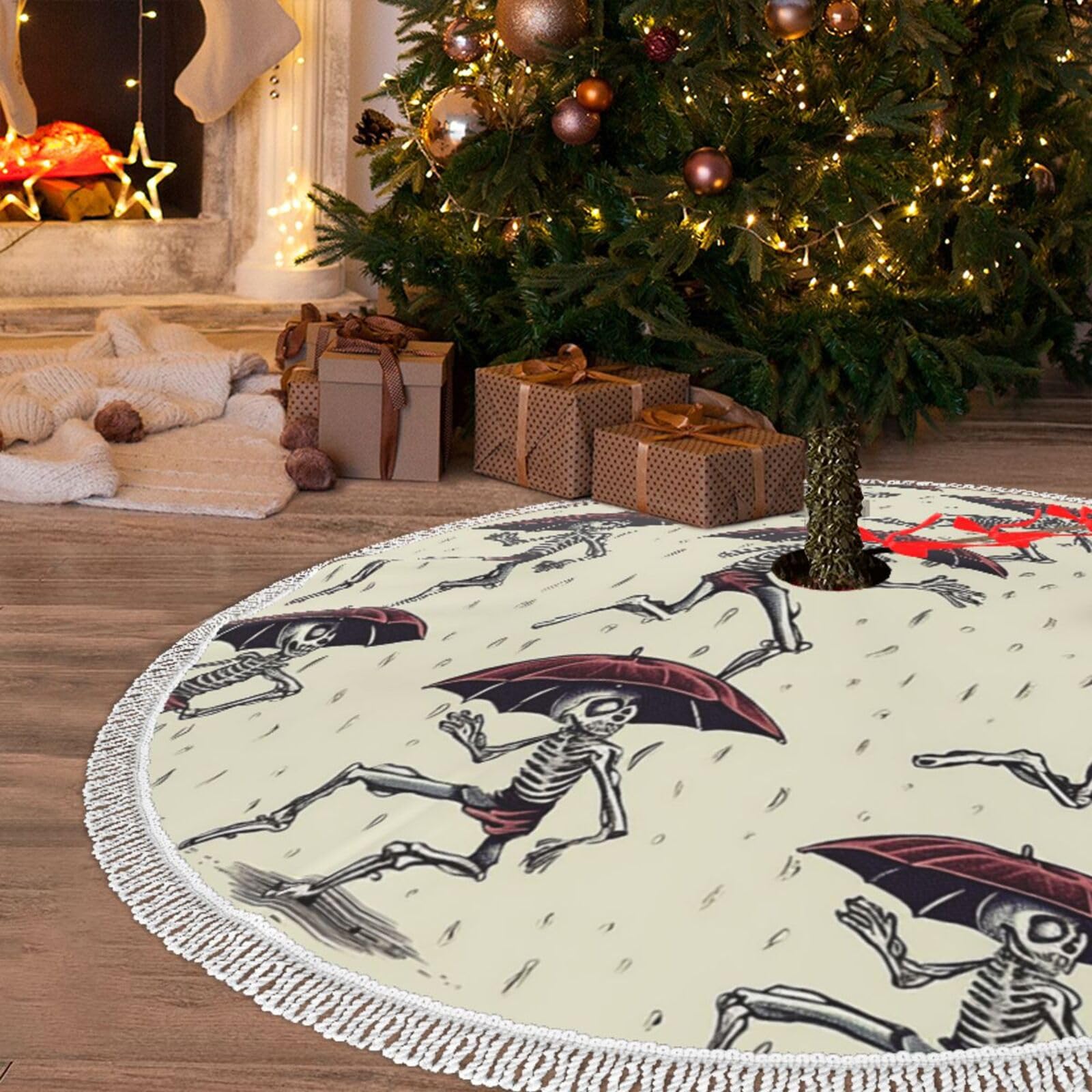 Jupe de sapin de Noël 121,9 cm avec pompons tapis décoration arbre squelette