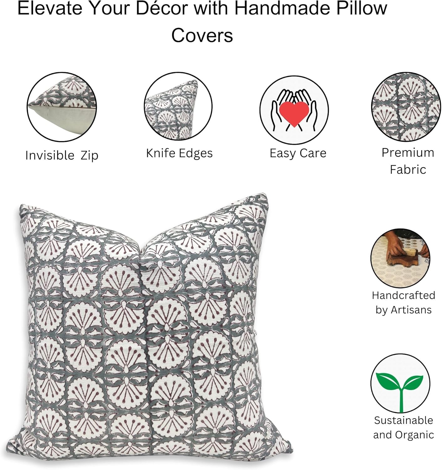 Handmade Block Floral Print Thick Cotton White 14x14 Inch Throw Pillowcase Cushion Cover with Zipper Decorative for Living Room, Bedroom, Sofa and Couch (Light Green-Bijani)