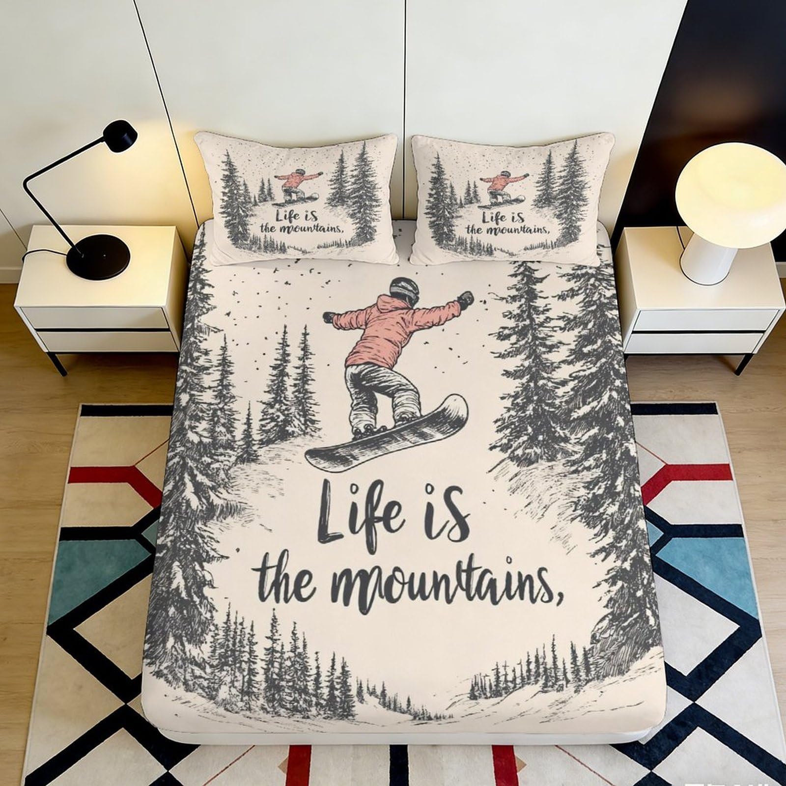 3D Printed Snowboard Mountain Adventure Fitted Sheet Microfiber Soft Anti-Slip Forest Scene Mattress Cover 120x200cm 200x200x25cm