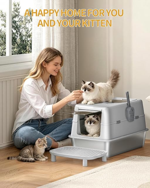 Foto 8 de 8 de Hzuaneri Arenero de Acero Inoxidable XXL con Tapa, Arenero Cerrado para Gatos con Doble Puerta, 60x40x42 cm