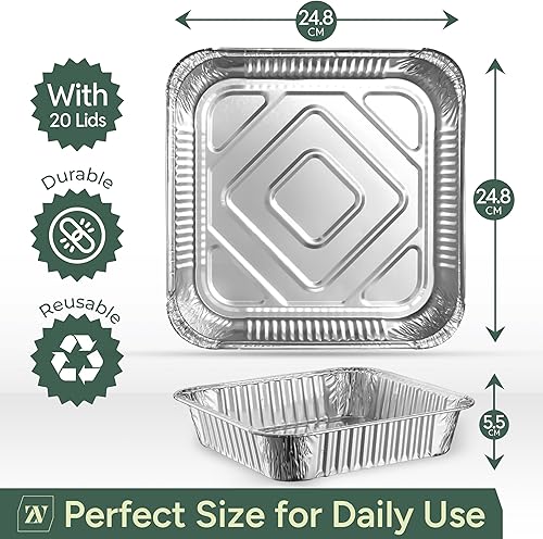 Miniatura 2 de Zuvo Contenedores grandes desechables de papel de aluminio con tapas de papel 25x25x4 cm, recipientes para llevar, buenos para hornear, asar,