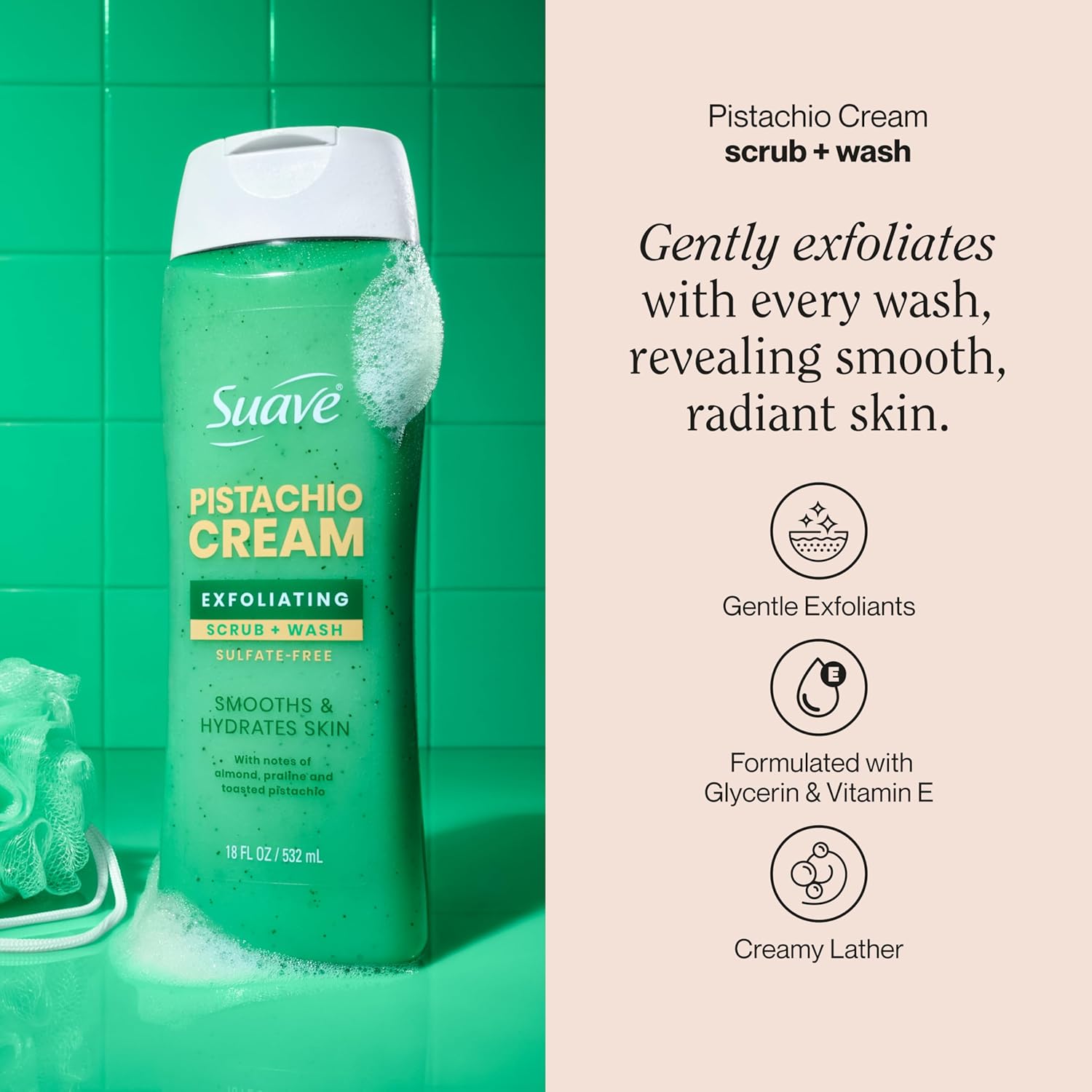 Suave Pistachio Cream Exfoliating Body Wash & Scrub with Glycerin & Vitamin E, Sulfate-Free Hydrating Cleanser for Soft, Smooth Skin, 18 FL OZ - Image 2