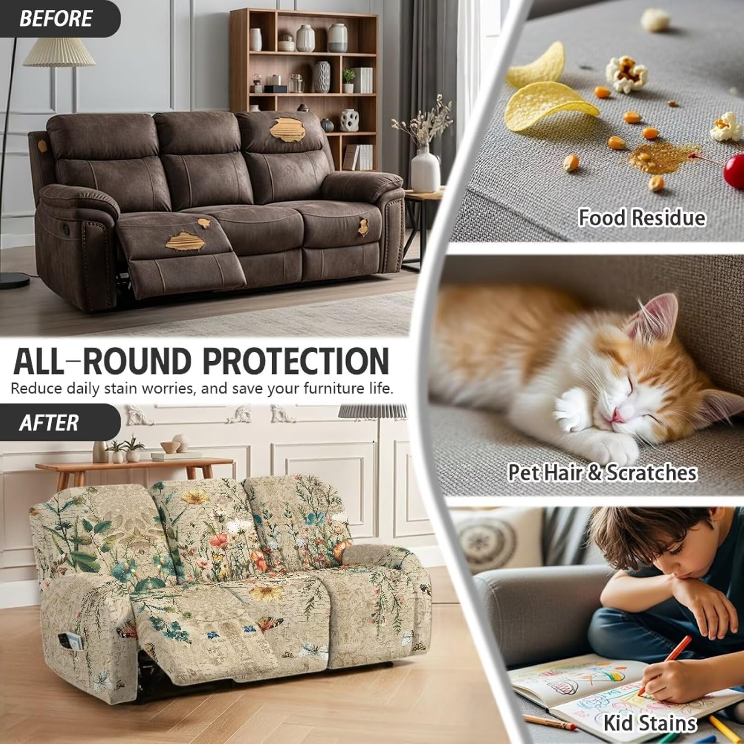 3 Seat Recliner Covers Floral Patterned Furniture Protection for Recliners 3 Seater, Washable Reclining Couch Cover Soft, Easy to Clean
