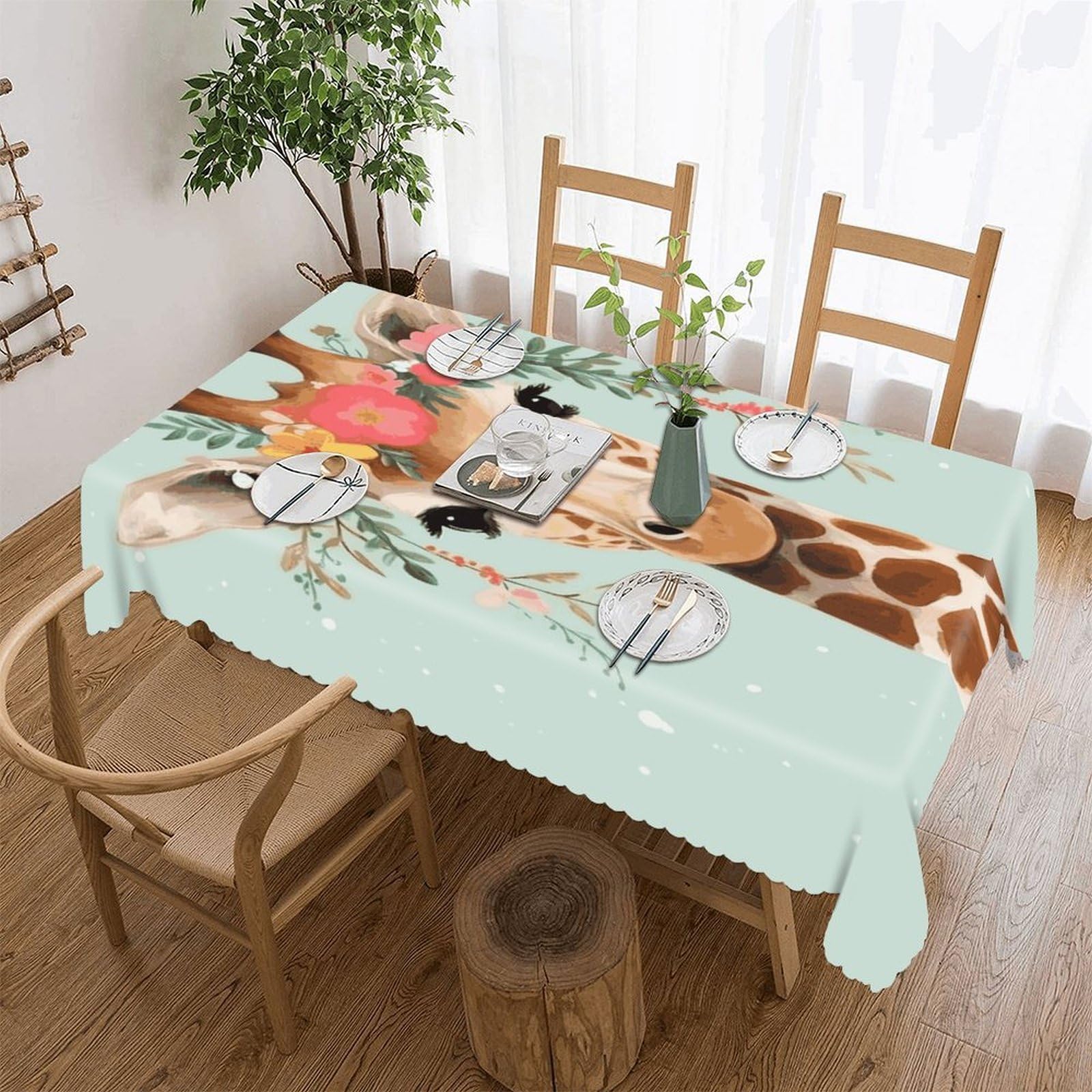 Fekiloot Style Giraffe With Floral Tablecloths Heavy Duty Washable Fabric,Birthday Tablecloth-Wavy Edge Design,Polyester Table Cloth For Restaurant,Picnic,Indoor And Outdoor Dining60 X120