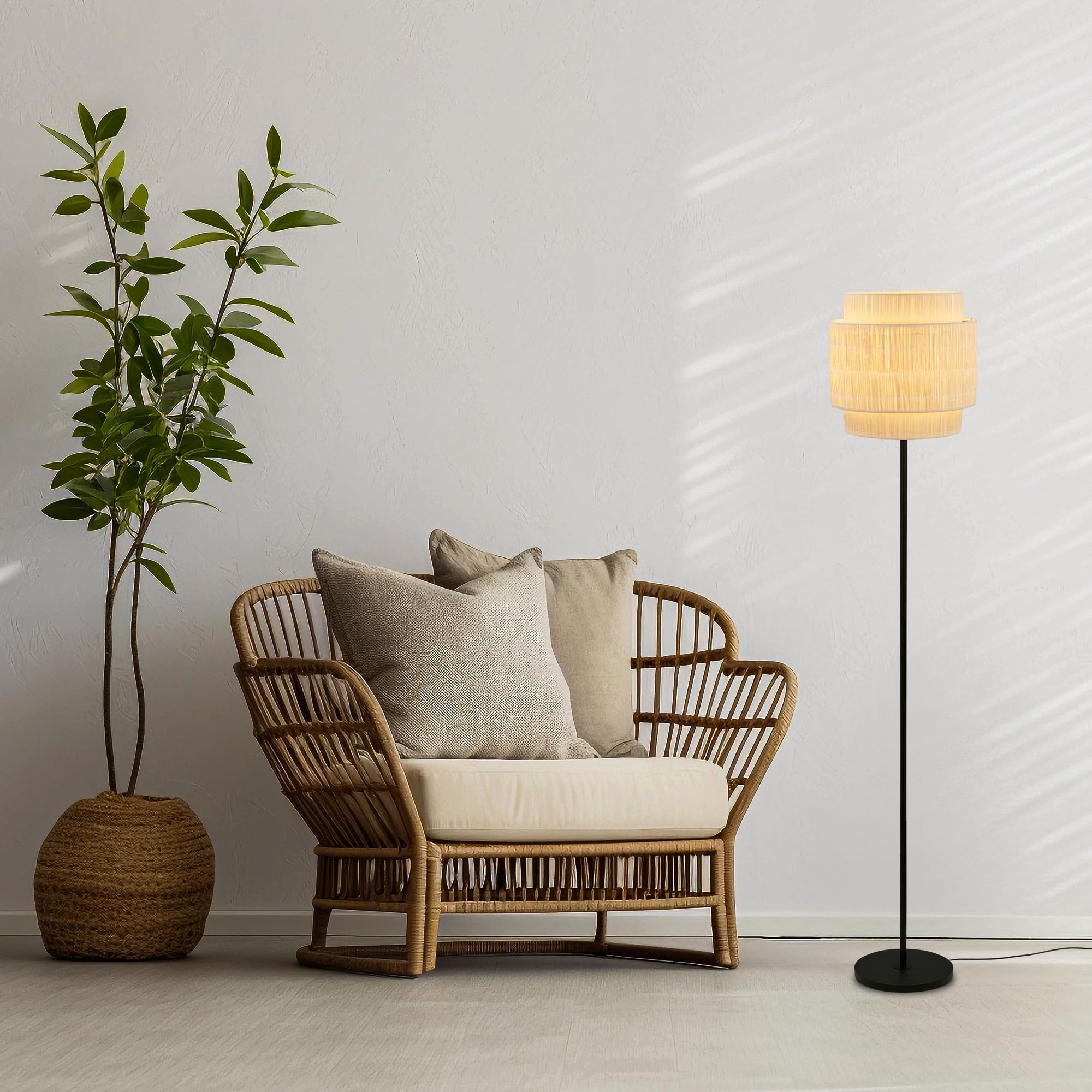 BRILONER - Lámpara de pie con pantalla de rafia, interruptor de pie on/off, E27, máx. 10W, boho, estética, lámpara de pie, lámpara de lectura, 30 x 165 cm (DxH), nature