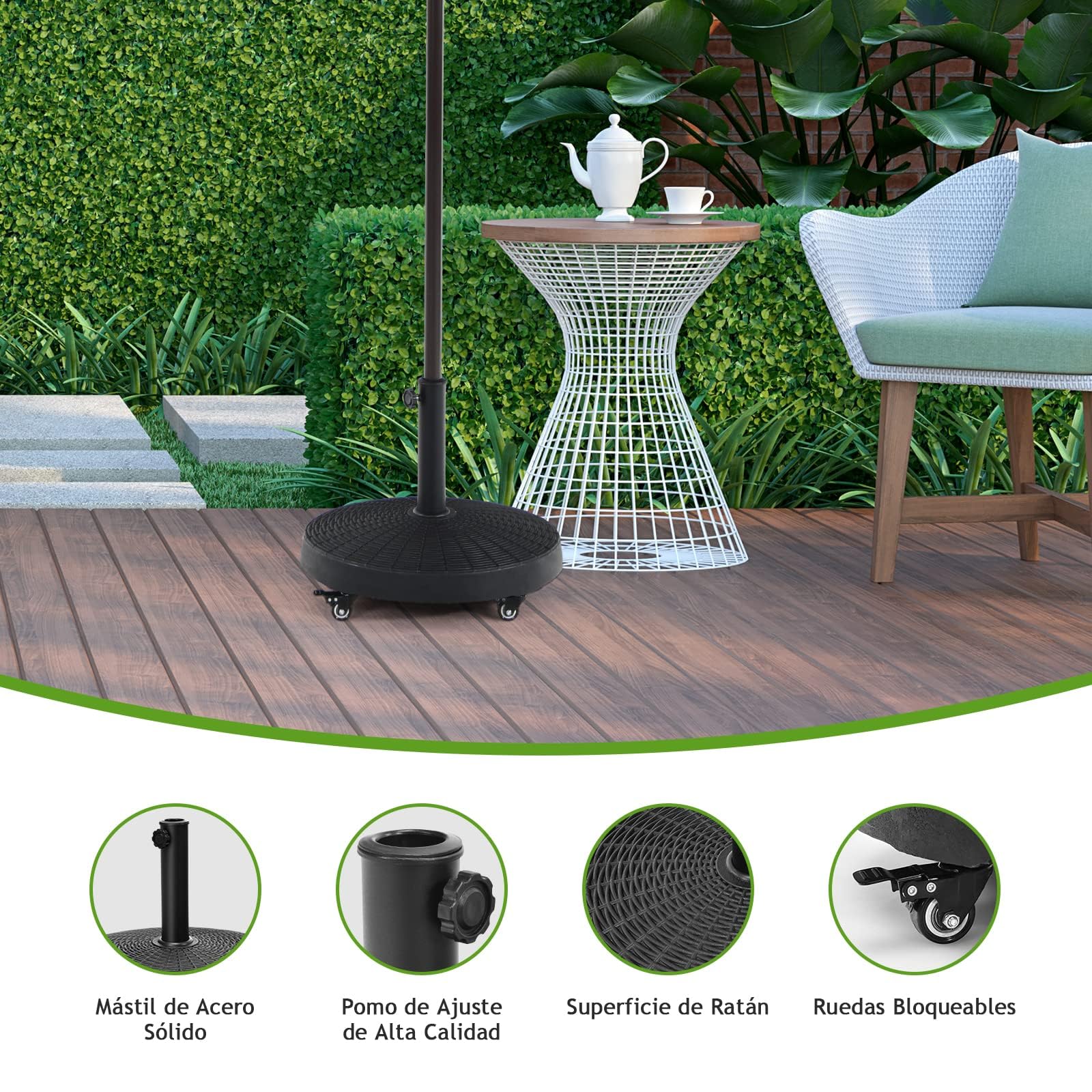 COSTWAY Base de Sombrilla de Resina de 23 kg, Soporte para Sombrilla Resistente al Aire Libre con Ruedas Bloqueables y Orificio de Poste Ajustable, Diseño de Ratán, para la Piscina (23 kg)