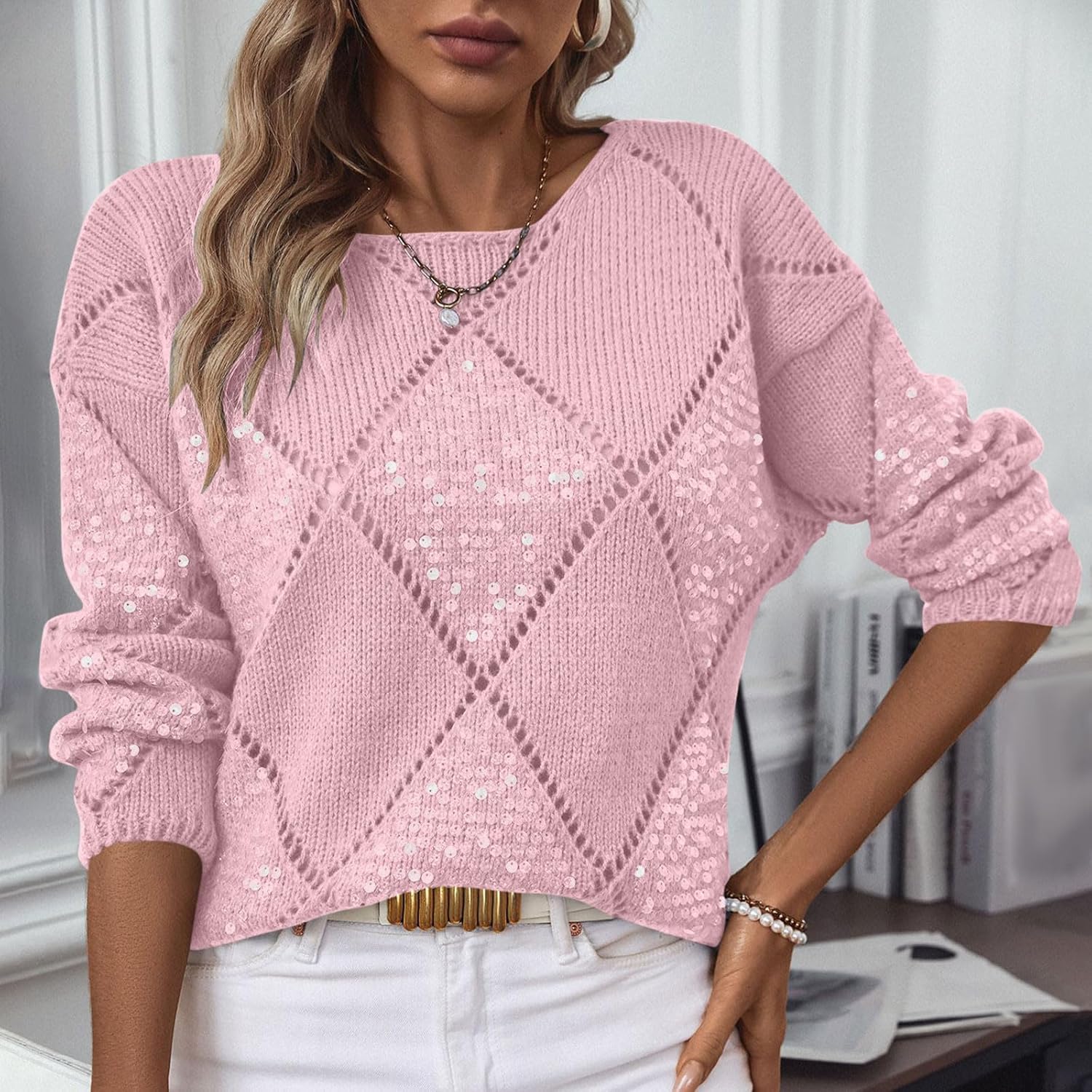 Damen-Pullover, gehäkelt, elegant, lässig, ausgehöhlt, Glitzer-Strick, leicht, gemütlich, Pailletten-Pullover, Tops, Herbstkleidung