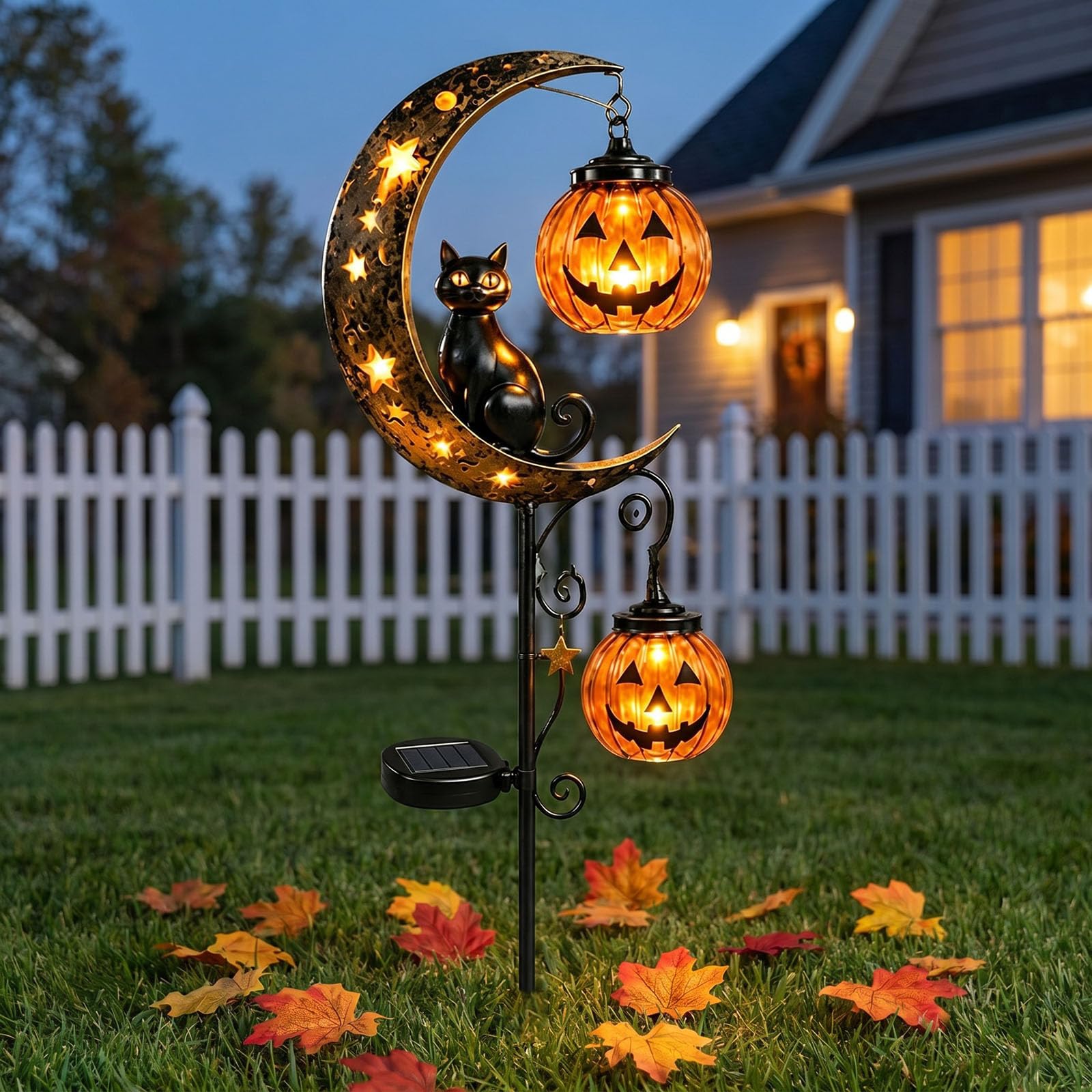 Solar Halloween Black Cat & Pumpkin Moon Garden Stake Light