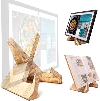Solid Wood Tablet Computer Stands Compatible for Echo Show 15,Echo Show 21,Support Both Horizontal and Vertical Modes.and Suitable for Cookbook Stand Holder Display. Light Brown