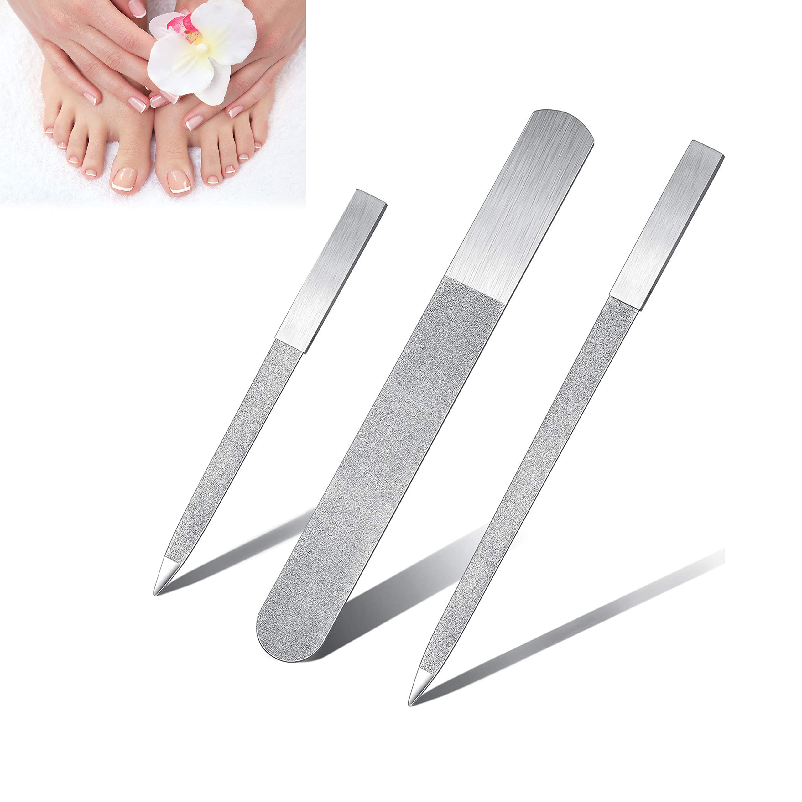 DELFINO3 Pieces Nail File Set Stainless Steel Double Side Nail File Metal Sapphire Buffer File Manicure Files for Salon Home and Travel