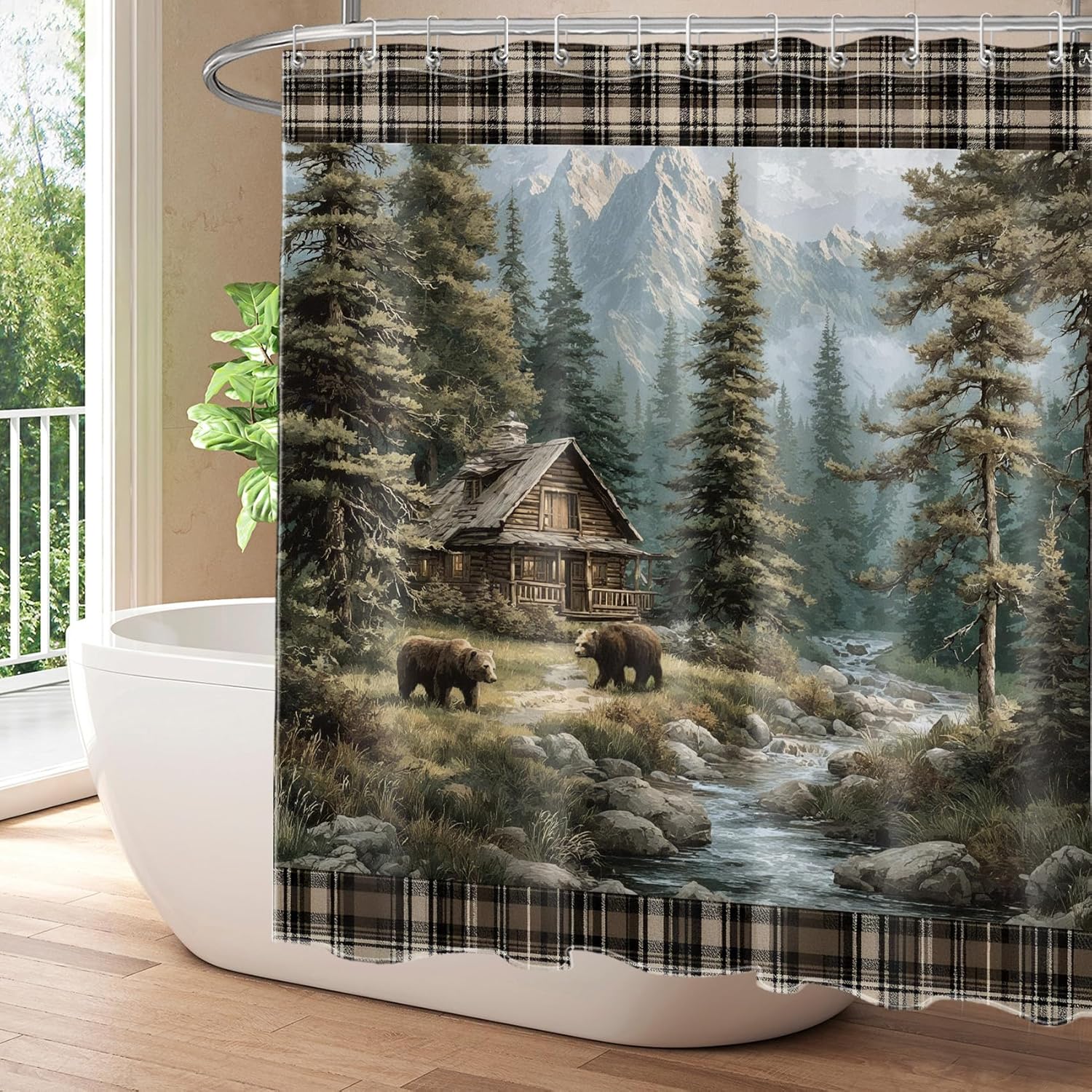 Rustic Cabin Bear Shower Curtain for Bathroom, Wild Animal Bear in Green Pine Tree Forest Mountain Shower Curtain Country Farmhouse Bathroom Decor Accessories, 72W x 78L inches