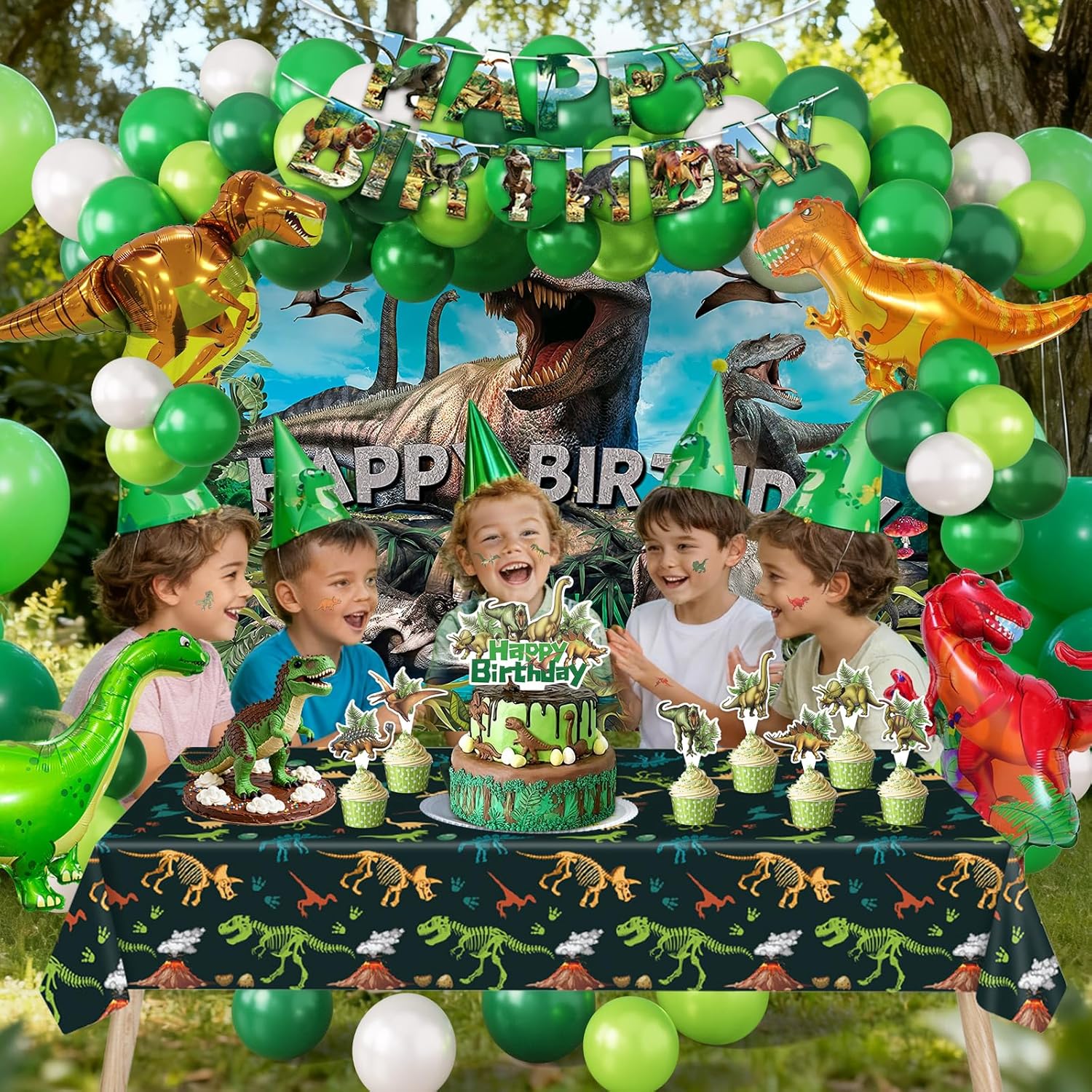 Dinosaur Birthday Party Decorations Kit for Boys - Dino Party Supplies with Tablecloth, Banner, Backdrop, Cake Topper, Balloons & Stickers for Kids
