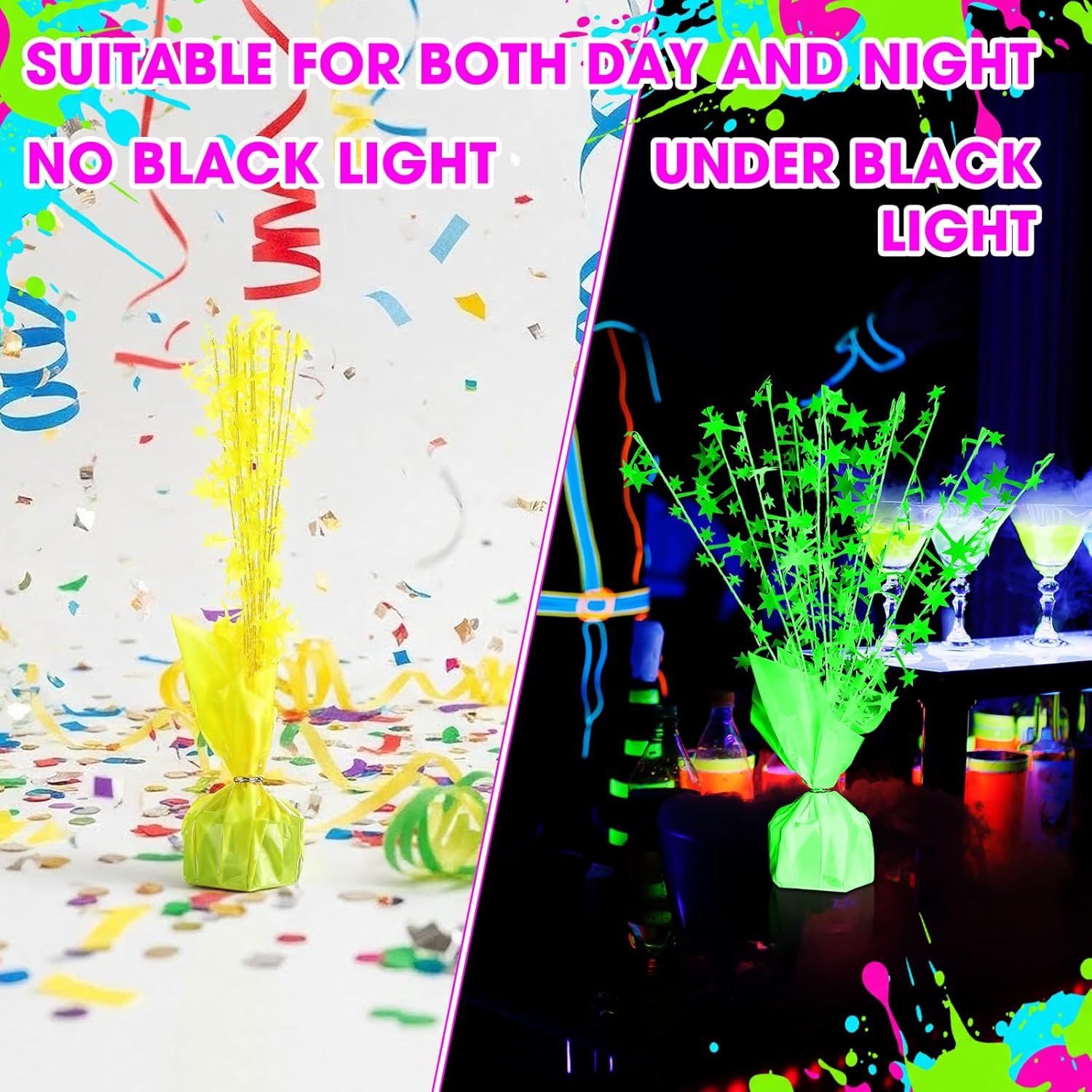 6 Pack Glow in The Dark Centerpieces Neon Birthday Party Decoration Metallic Foil Spray Star Tabletop Fluorescence Party Supply Under UV Light for Graduation Back to Classroom Birthday