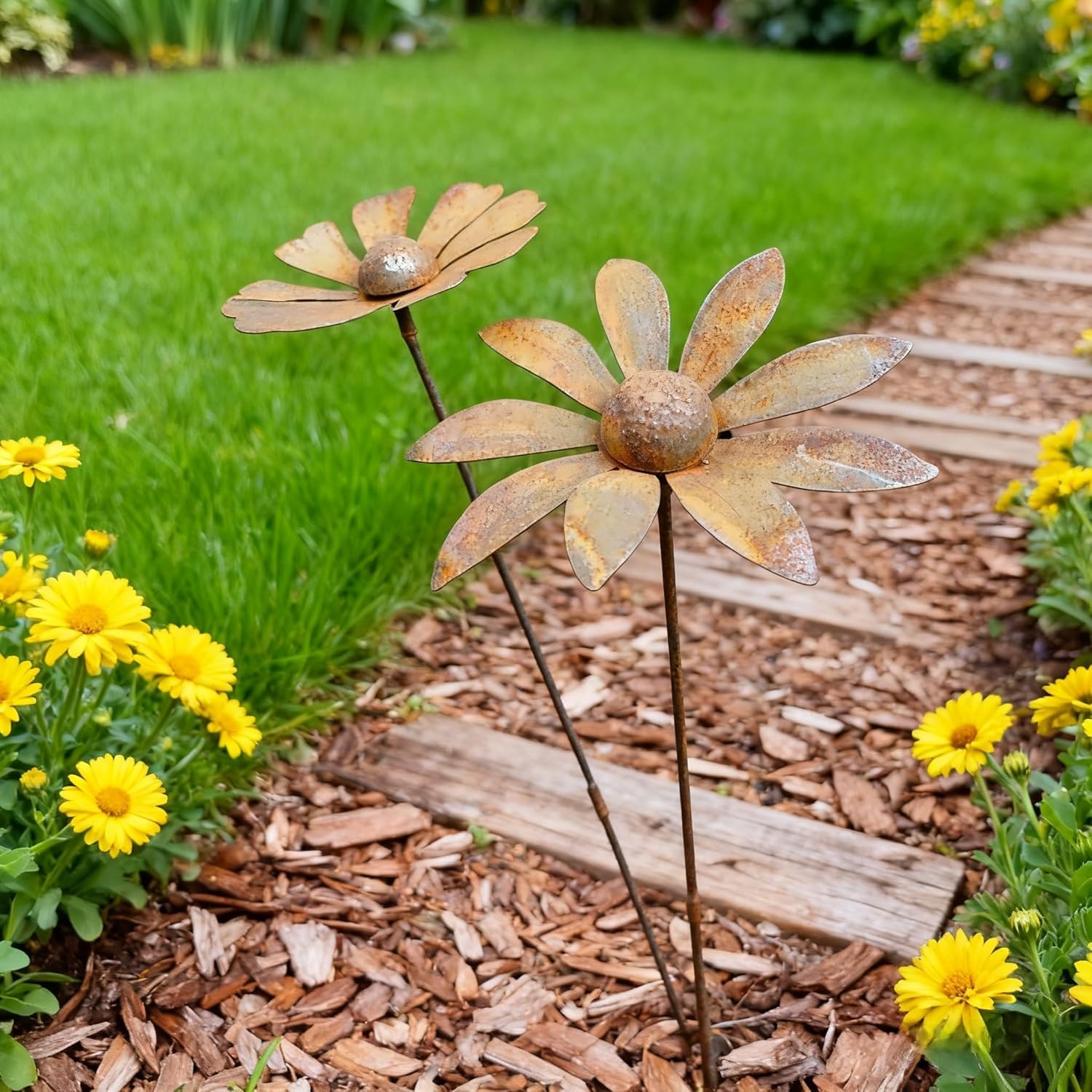 Lot de 2 décorations de jardin rouillées - Décor en rouille pour jardin en acier Corten - Pique de jardin en métal fleur de pavot - Décor de jardin - Tige grimpante en rouille naturelle (f)
