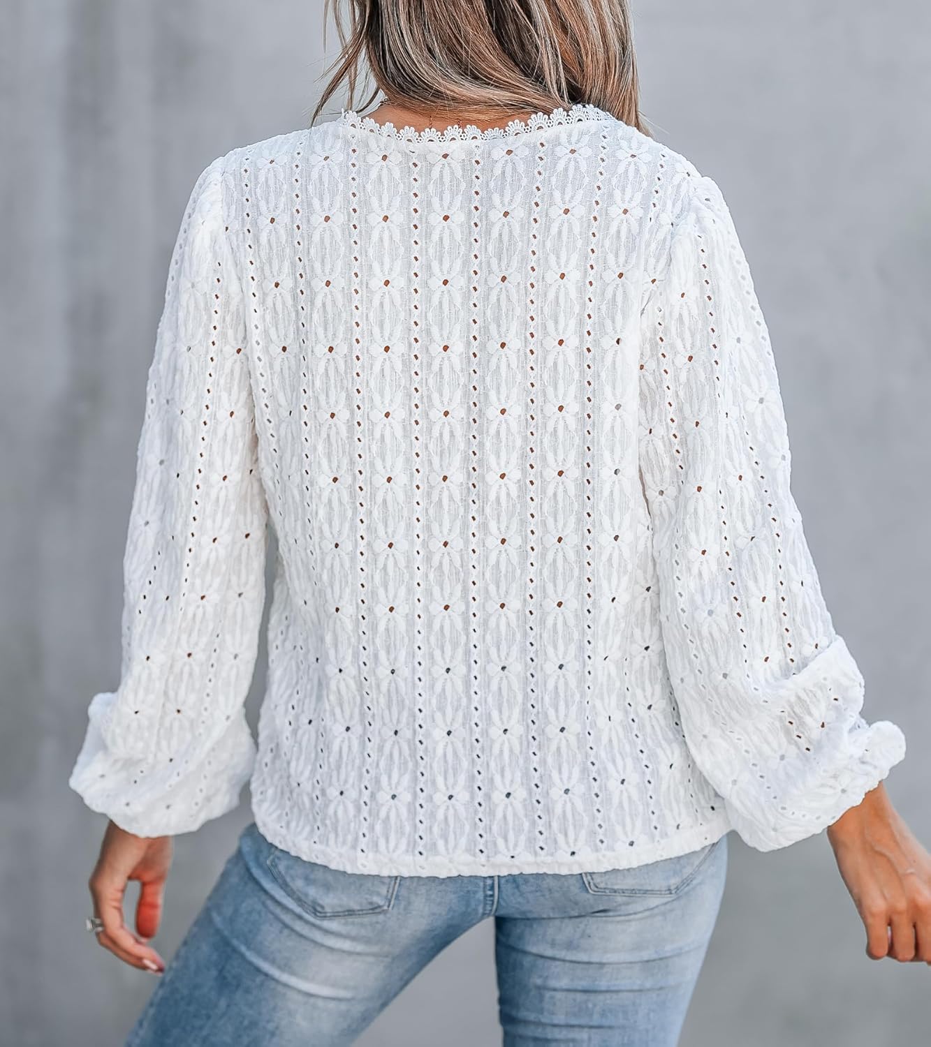 CUPSHE Women's Blouses Eyelet Tops Long Sleeve V Neck Puff Sleeve Shirts Dressy Casual - Image 3