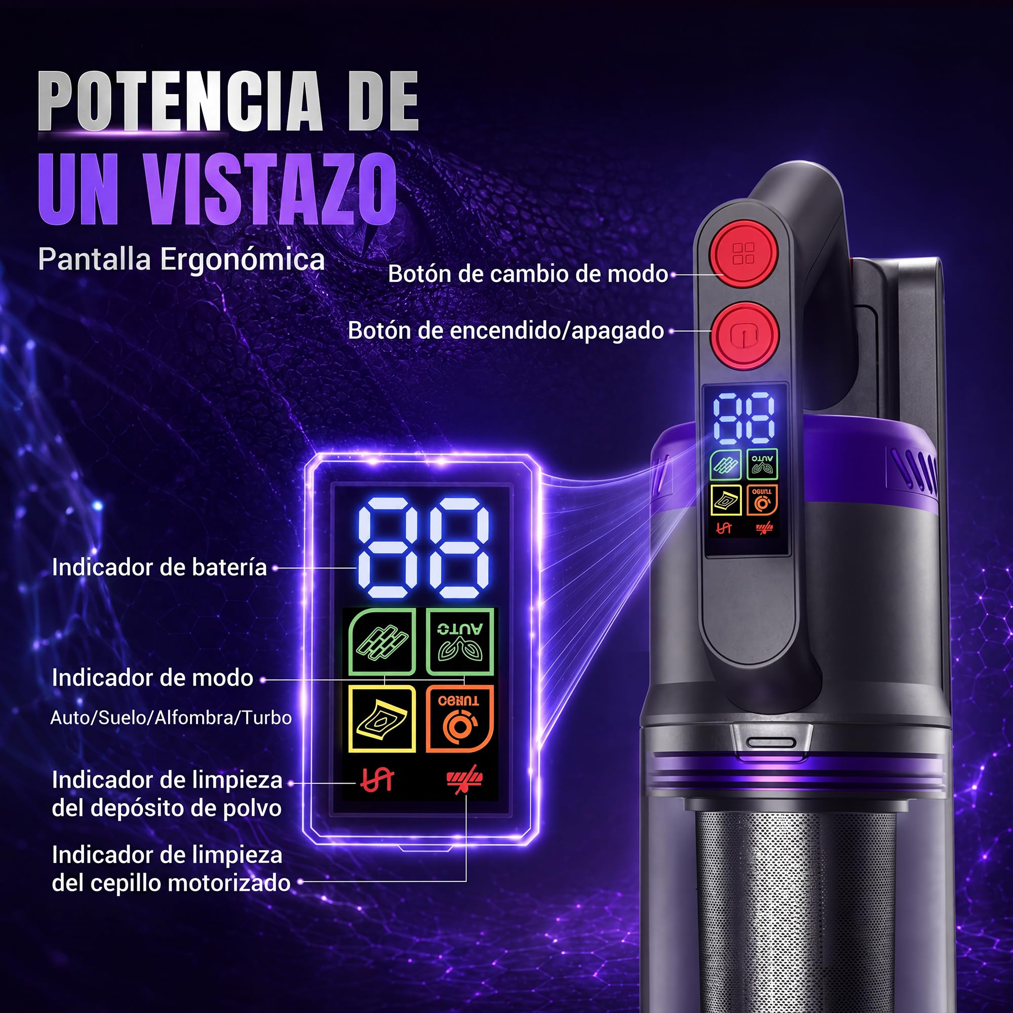 Aspiradora Sin Cable 58000Pa/600W/75Min, Escoba Aspiradora sin Cable con Brazo Flexible 1.6L, Modo Automático, Aspirador Inalámbrico Antienredo, Ideal para Suelos, Alfombras y Pelo de Mascotas