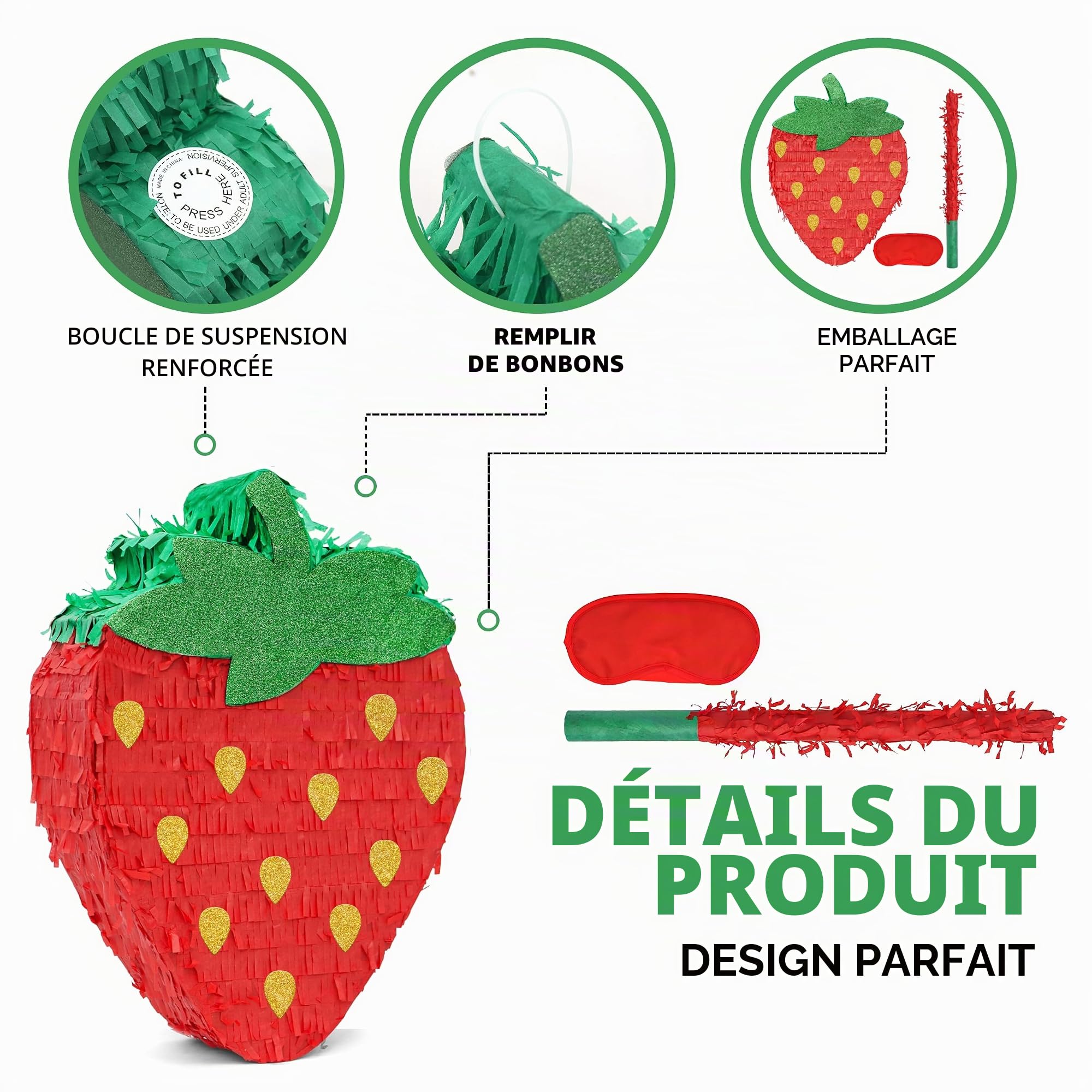 Kit de pinatas à la fraise avec bandeau pour les yeux et chauve-souris (41,5 x 30,5 x 8,9 cm), parfait pour les anniversaires d'enfants, les fêtes à thème des fruits, les décorations