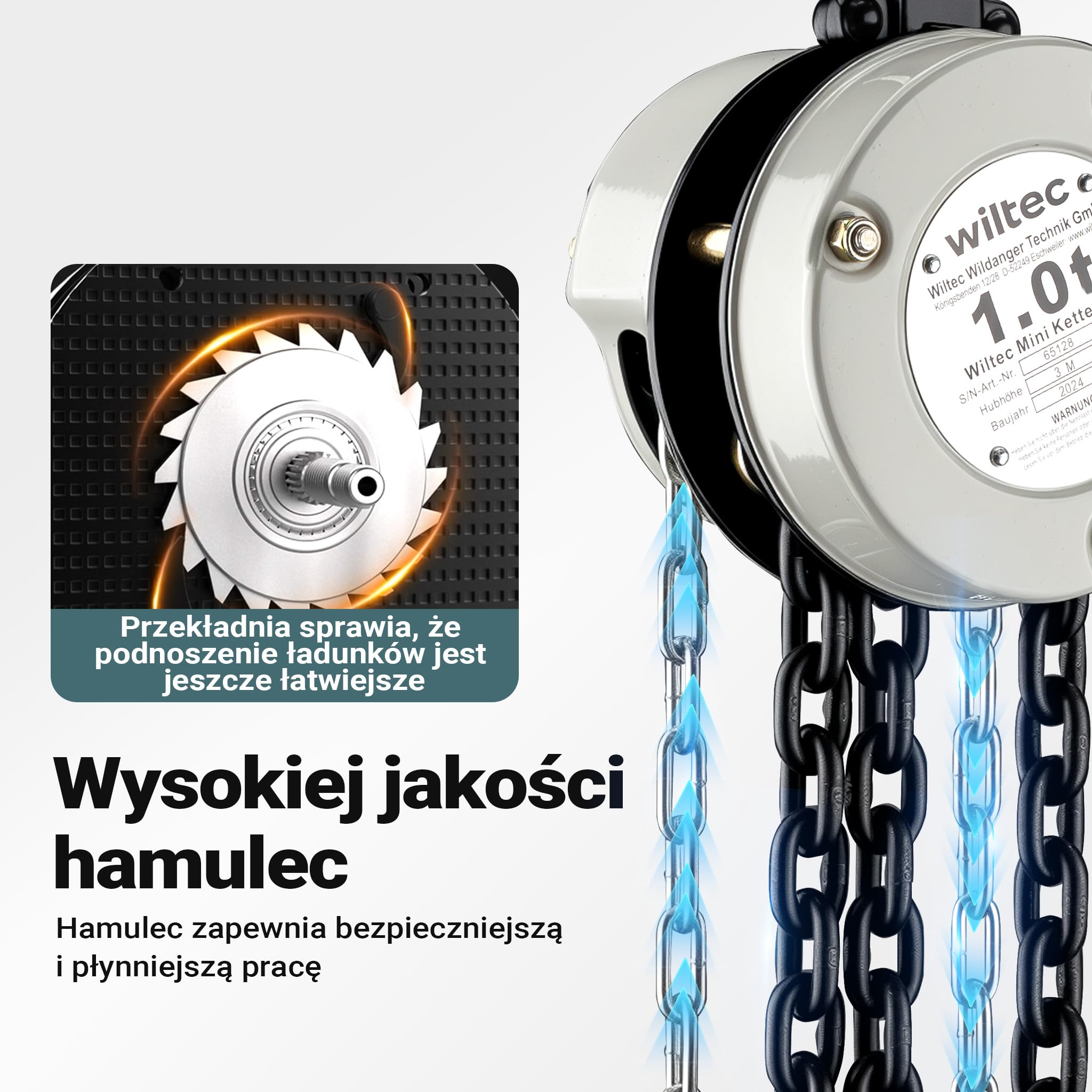 Wiltec Mini wciągnik łańcuchowy o nośności do 1 t i łańcuchem G80 o długości 3 m, z obrotowymi hakami i lekkiej konstrukcji
