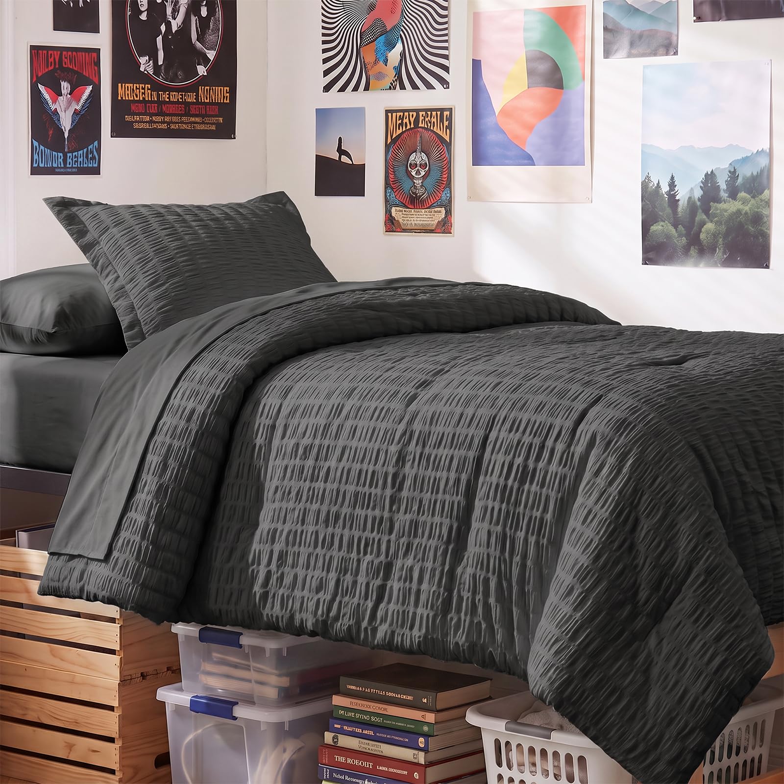 CozyLux Twin Comforter Set, 5 Pieces Dark Grey Seersucker Bed in a Bag