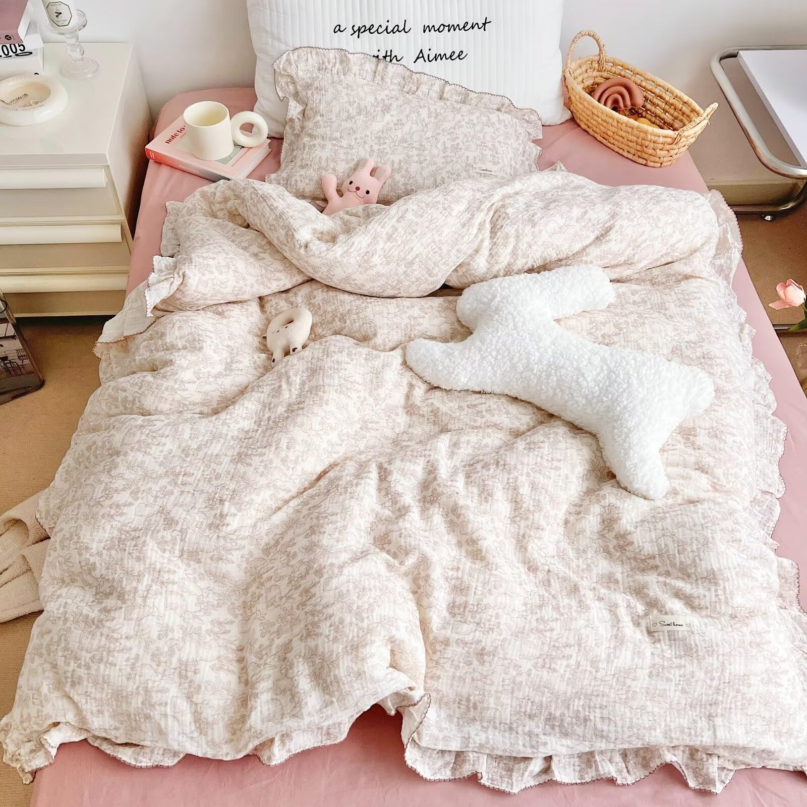 BuLuTu Muslin Cotton Kids Toddler Duvet Cover with Ruffles, Forest Rabbit