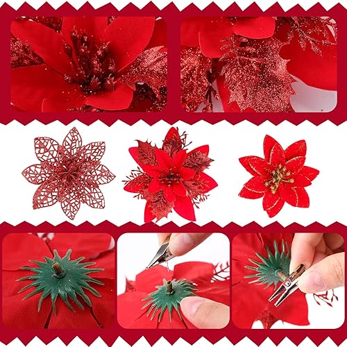 Miniatura 3 de 48 flores de Navidad con purpurina y bayas artificiales, 3, 4, 6 pulgadas, flores artificiales para decoración con clips para árbol de Navidad,