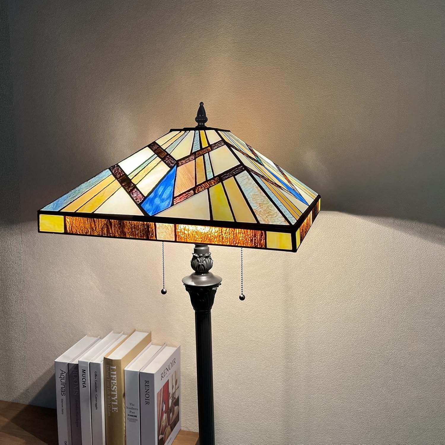 Capulina Tiffany Lamp Stained Glass Floor Lamp 2-Light 16x16x63 Inch Cream Amber Antique Mission Tiffany Style Standing Lamp for Living Room Bedroom Home Office