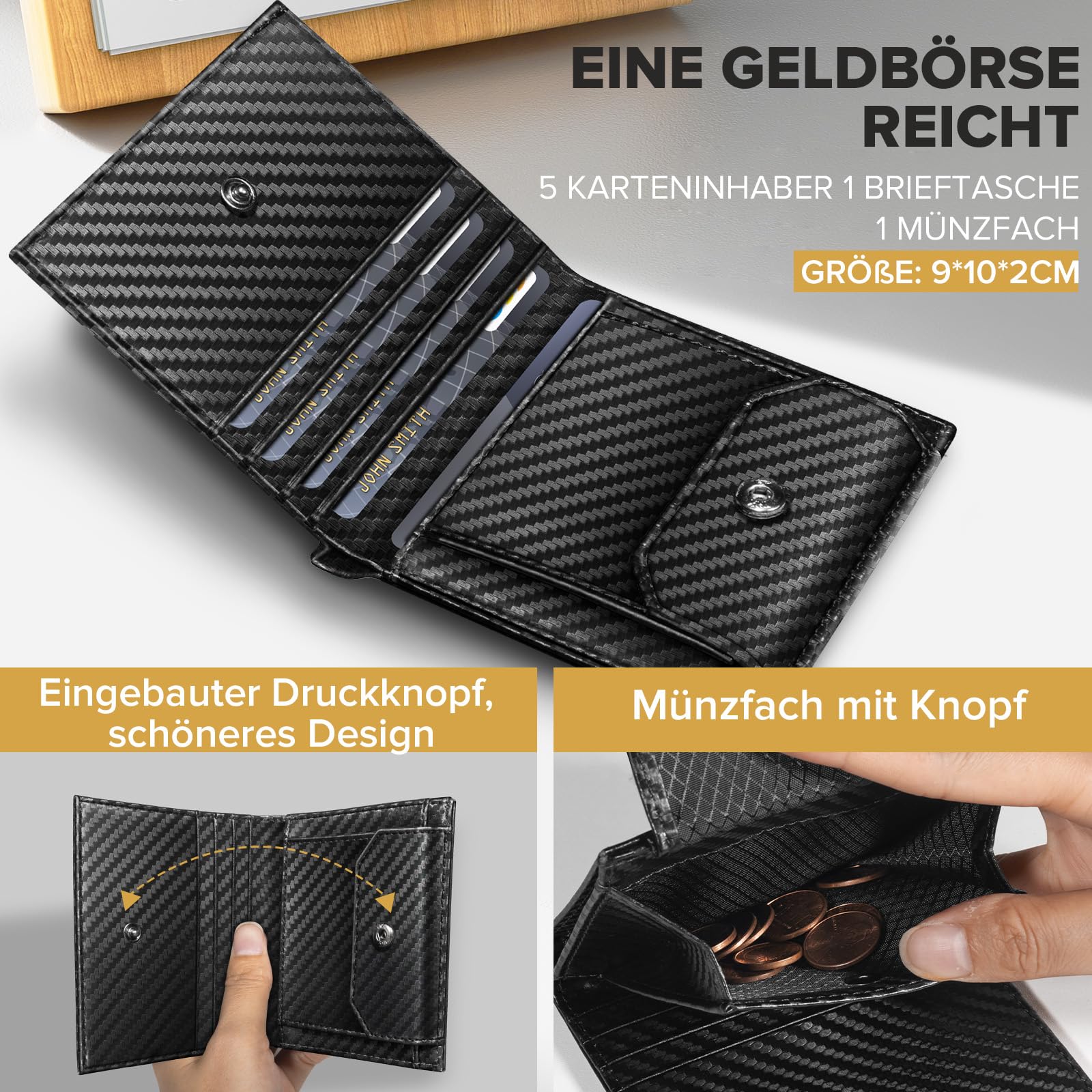 UNOSEKS Portmonee - Portafoglio da uomo con protezione RFID, mini portafoglio da uomo Bifold, slim wallet con scomparto per monete, porta carte di credito da uomo per 4 carte(fibra di carbonio)