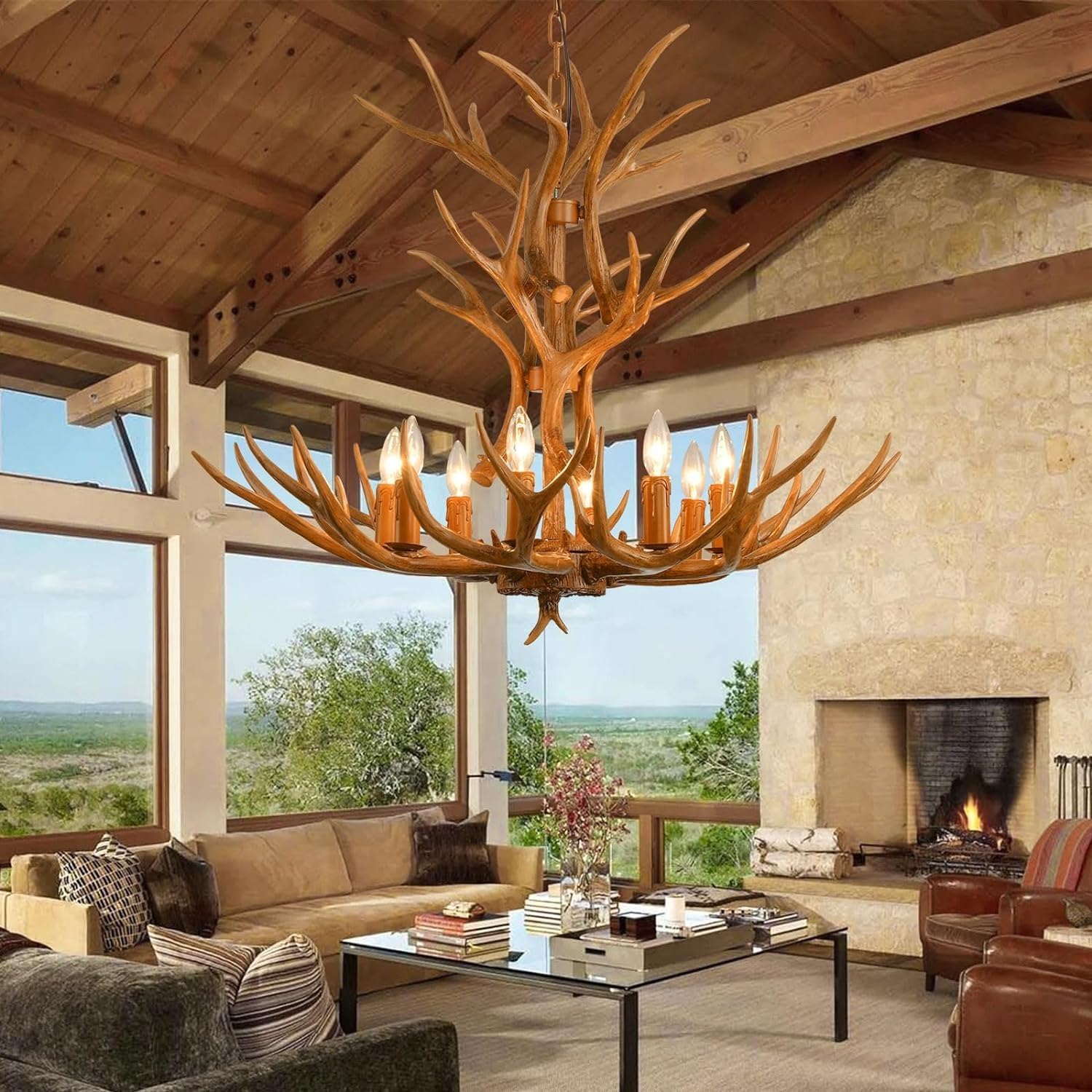 Kronleuchter Hartshorn Kreative Beleuchtung Retro Horn Kristallleuchte 8 Lampen Bauernhouse Antler Höhenverstellbare Leuchte Zimmerdecke E14 Sockel für Haushaltsgeschäft Kaffeebar Hängeleuchte