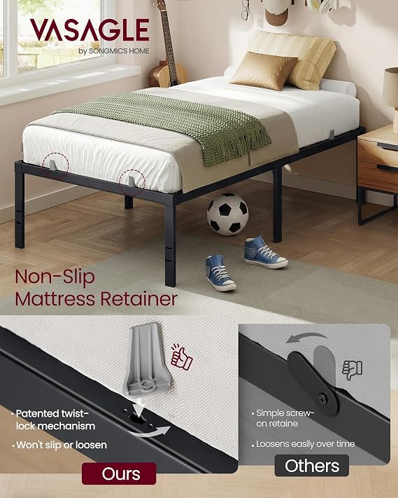 VASAGLE Twin Metal Bed Frame 18 Inches Tall, 550 lb Weight Capacity, No Box Spring Needed, with Under-Bed Storage, Easy Setup, Heavy-Duty Platform Bed, Mattress Retainers, Matte Black URMB673BD02S
