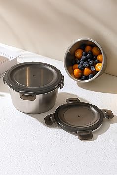 2 Adet 304 Çelik 600 ml Yuvarlak Yemek Meyve Et Buzdolabı Beslenme Saklama Kabı mt324-2