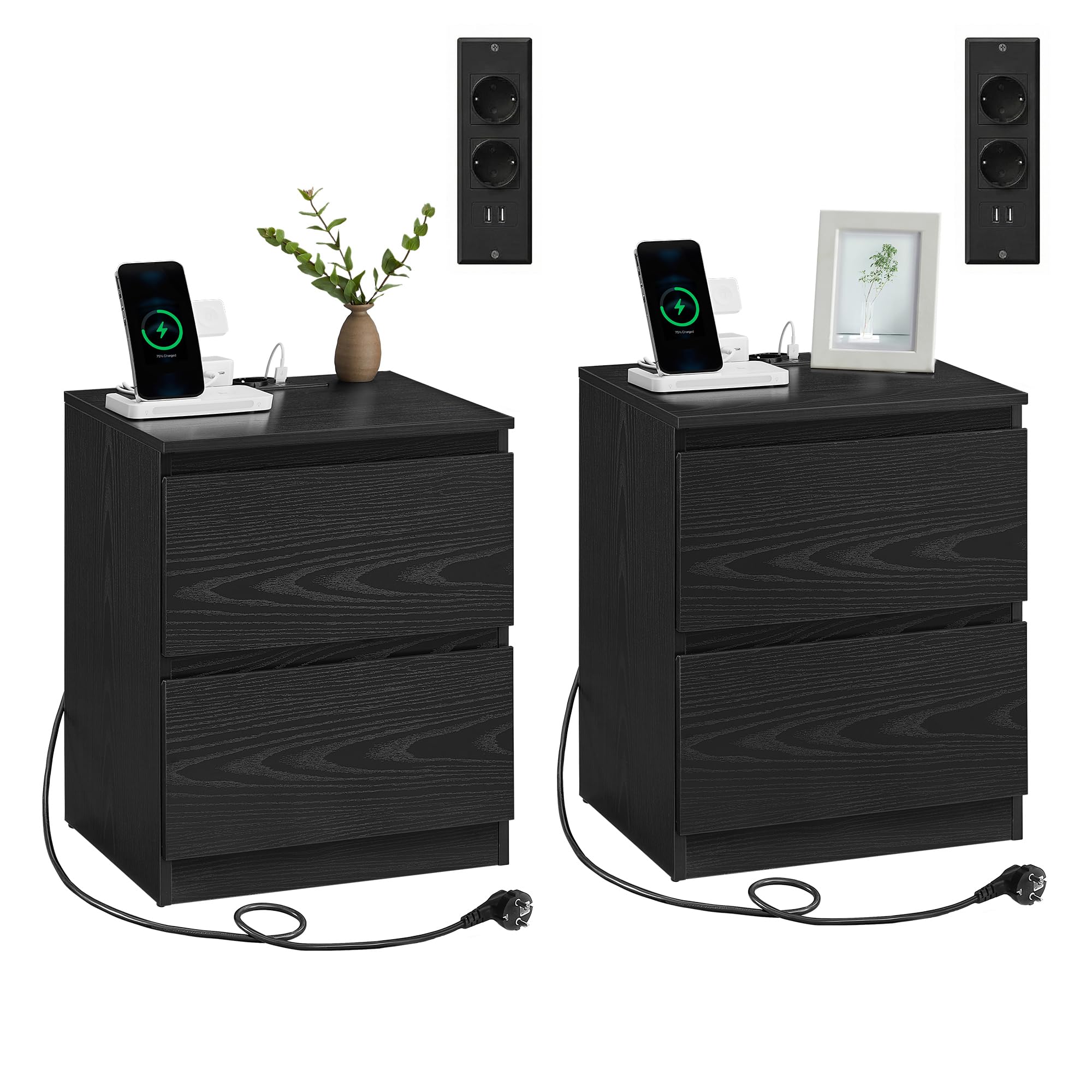 VASAGLE Nachttisch mit Steckdosenleiste, Beistelltisch, 2 Schubladen, 2 AC-Steckdosen, 1 USB-A-Anschluss, 1 USB-C-Anschluss, Wohnzimmer, Schlafzimmer, modern