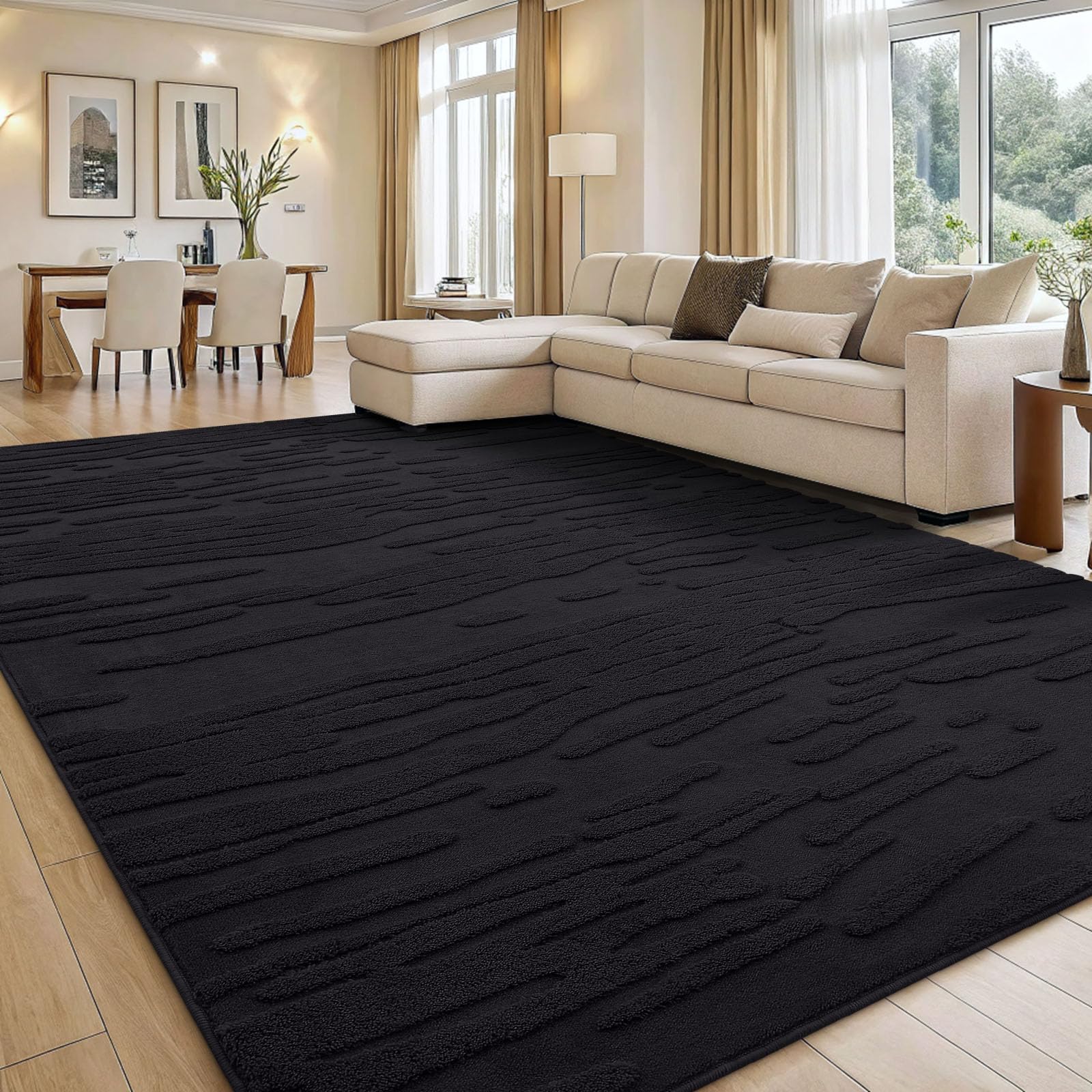 Tapis de salon extra large 240x340 cm noir lavable et antidérapant smiry