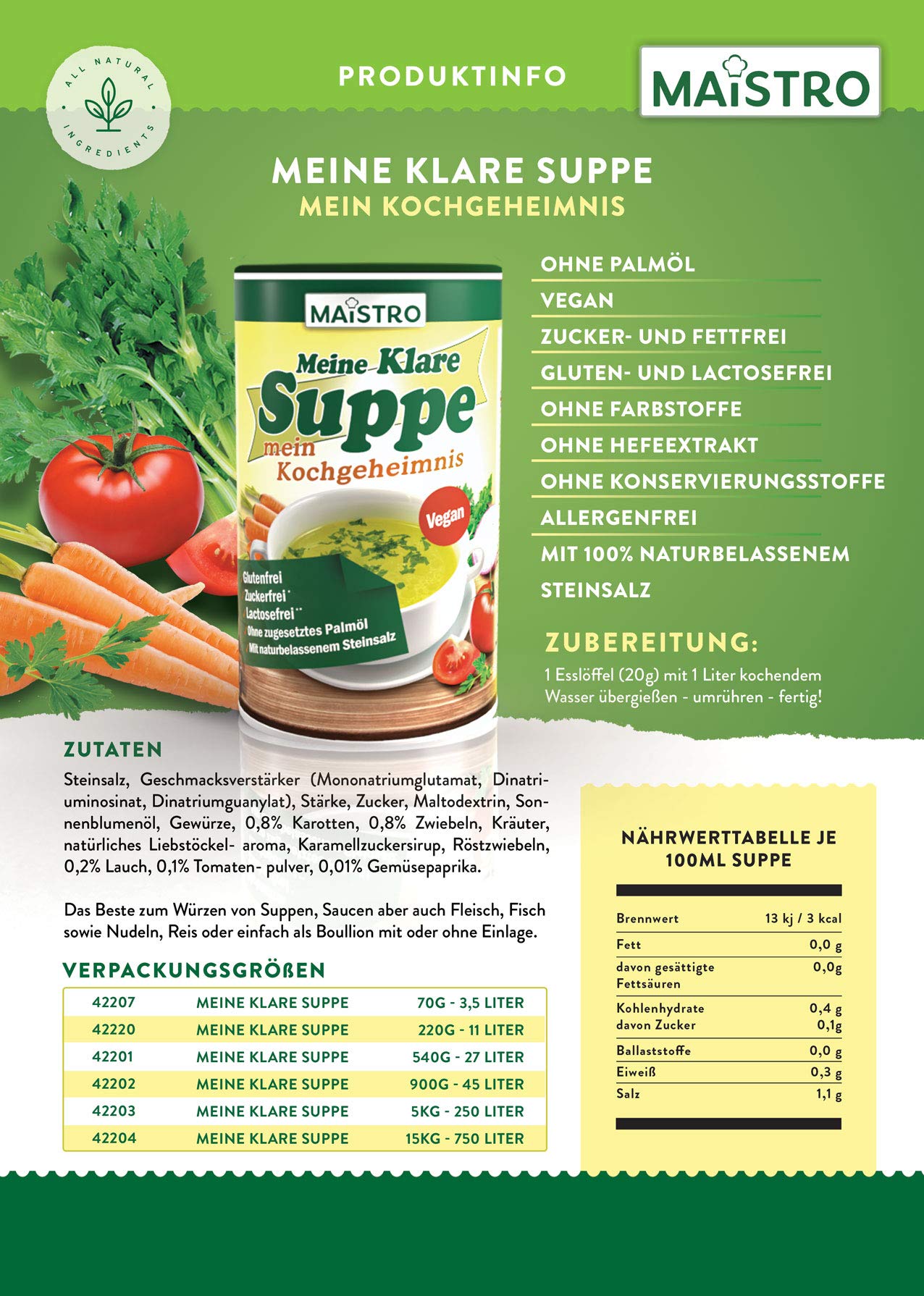 Bouillon de légumes végétalien et assaisonnement, sans déclenchement allergène, sans graisse de palme, simple, rapide et délicieusement préparé. 900g / 45Liter soupe de légumes avec du sel naturel.
