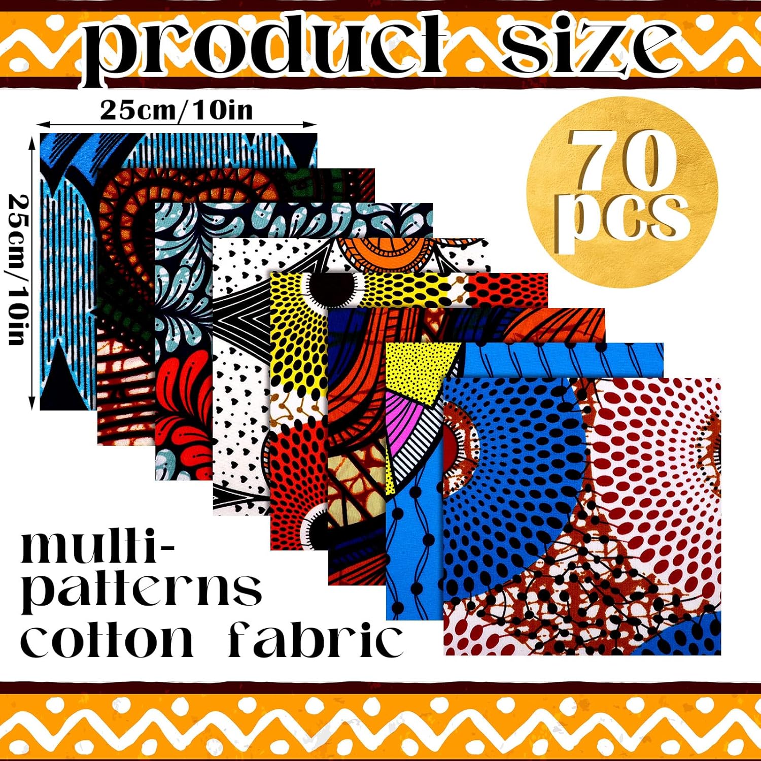 Mixweer 70 Pcs 10 x 10 Inch African Cotton Fabric Squares Patchwork Quilting Fabrics Bundles Kente Cloth African Wax Squares Ankara Fat Quarters for DIY Sewing Cloths Handmade Accessories, 48 Styles