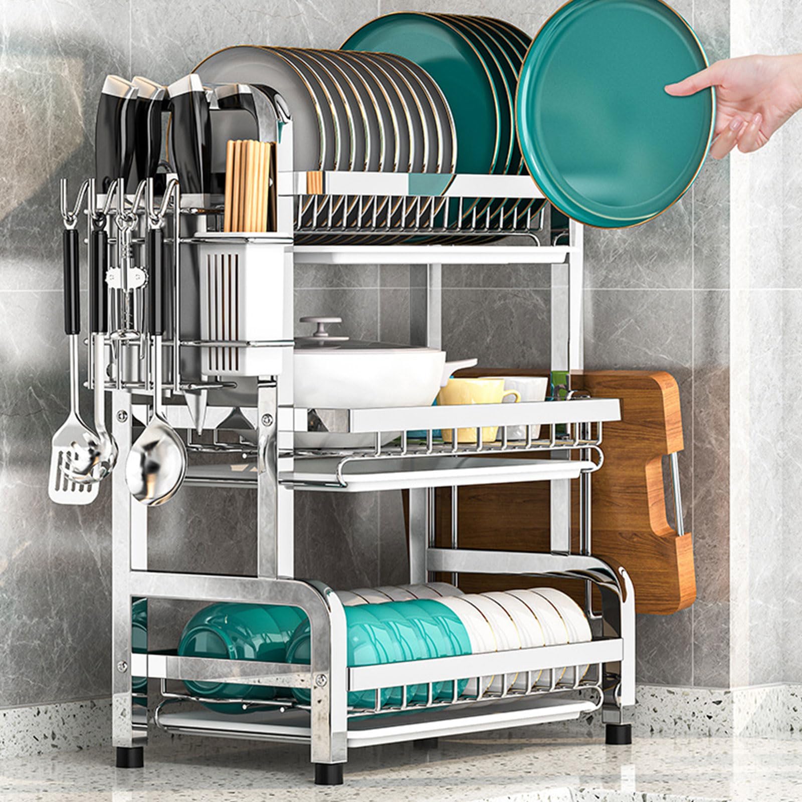 Scolapiatti da appoggio, in acciaio inox, con vassoio antigoccia, adatto per piatti, ciotole e frutta, set completo a doppio strato, 43 cm