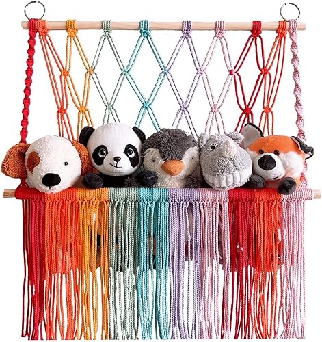 BENBOR Hamaca de macramé de peluche para colgar en la pared, soporte de red de cuerda de estilo bohemio, organizador de almacenamiento de esquina