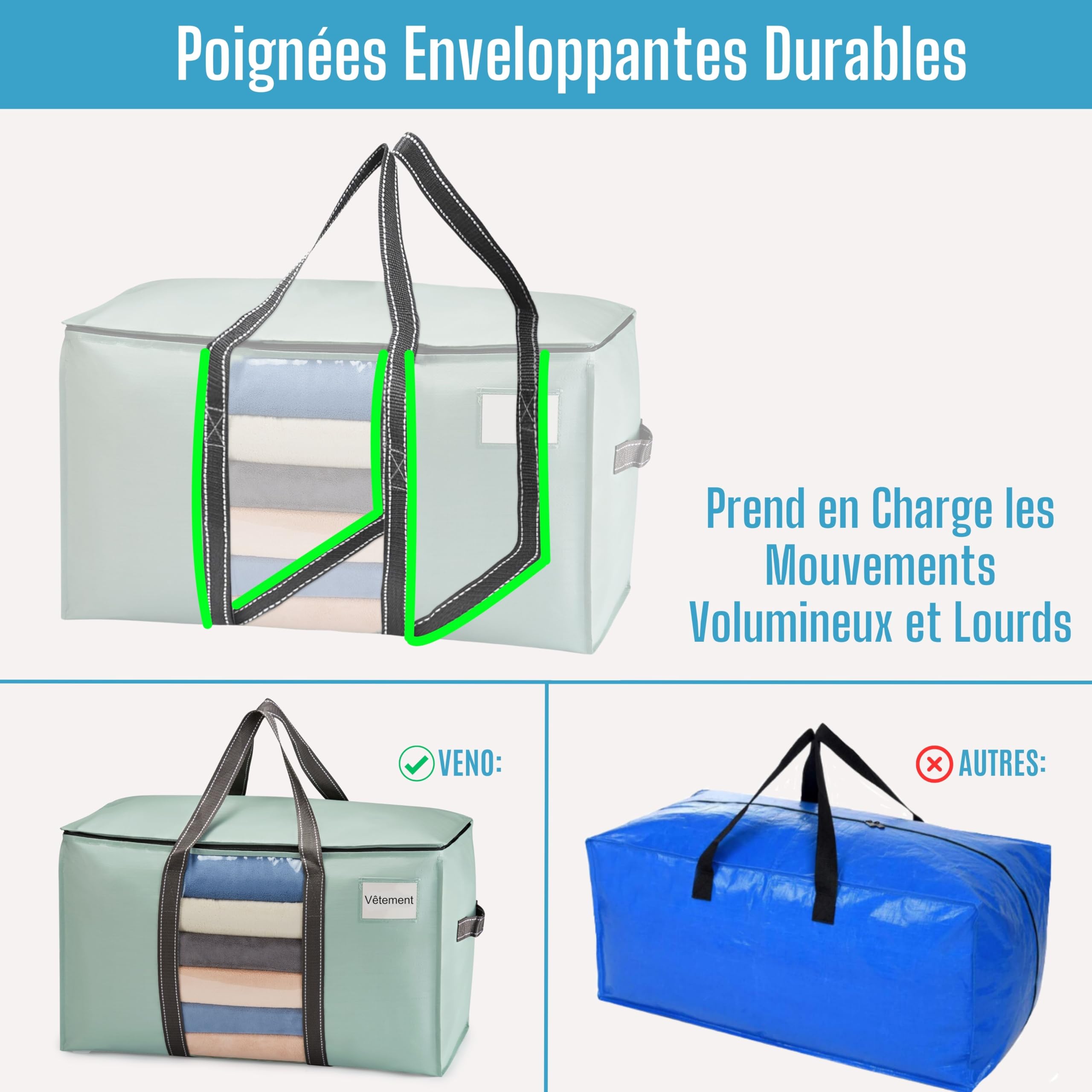 VENO 95 L Sac de Rangement Grand Pliables, Sacs de Déménagement Robustes avec Couvercle et Poignées Renforcées pour le Vêtement, Couettes et Linge de Lit, Sac à Linge(Vert Clair, Lot de 10)