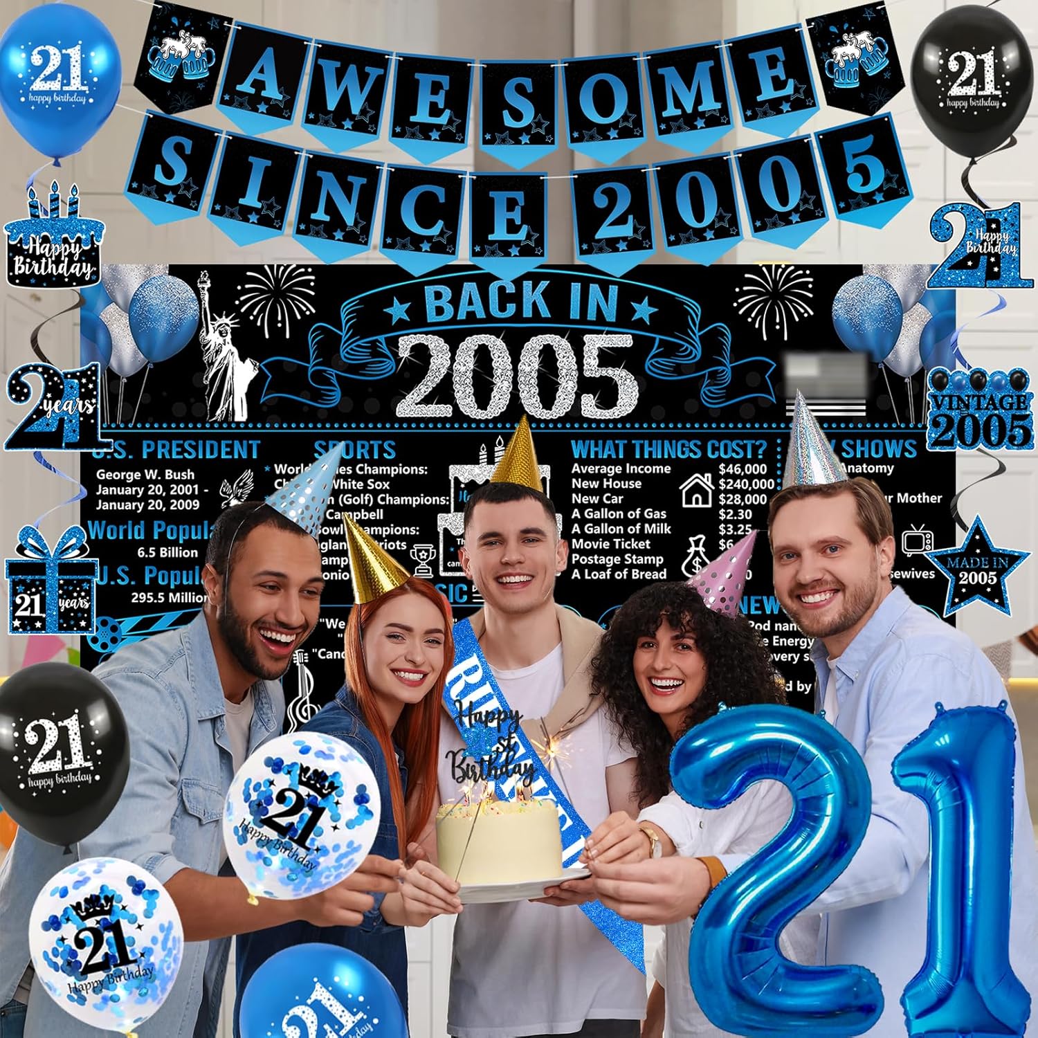 Trgowaul 21st Birthday Decorations for Him, Black Blue Back in 2005 Birthday Party Supplies, Blue Vintage 2005 Banner, Rip Fake Id Sash, 21st Cake Topper, Latex Balloons, 21 Year Old Set for Boys