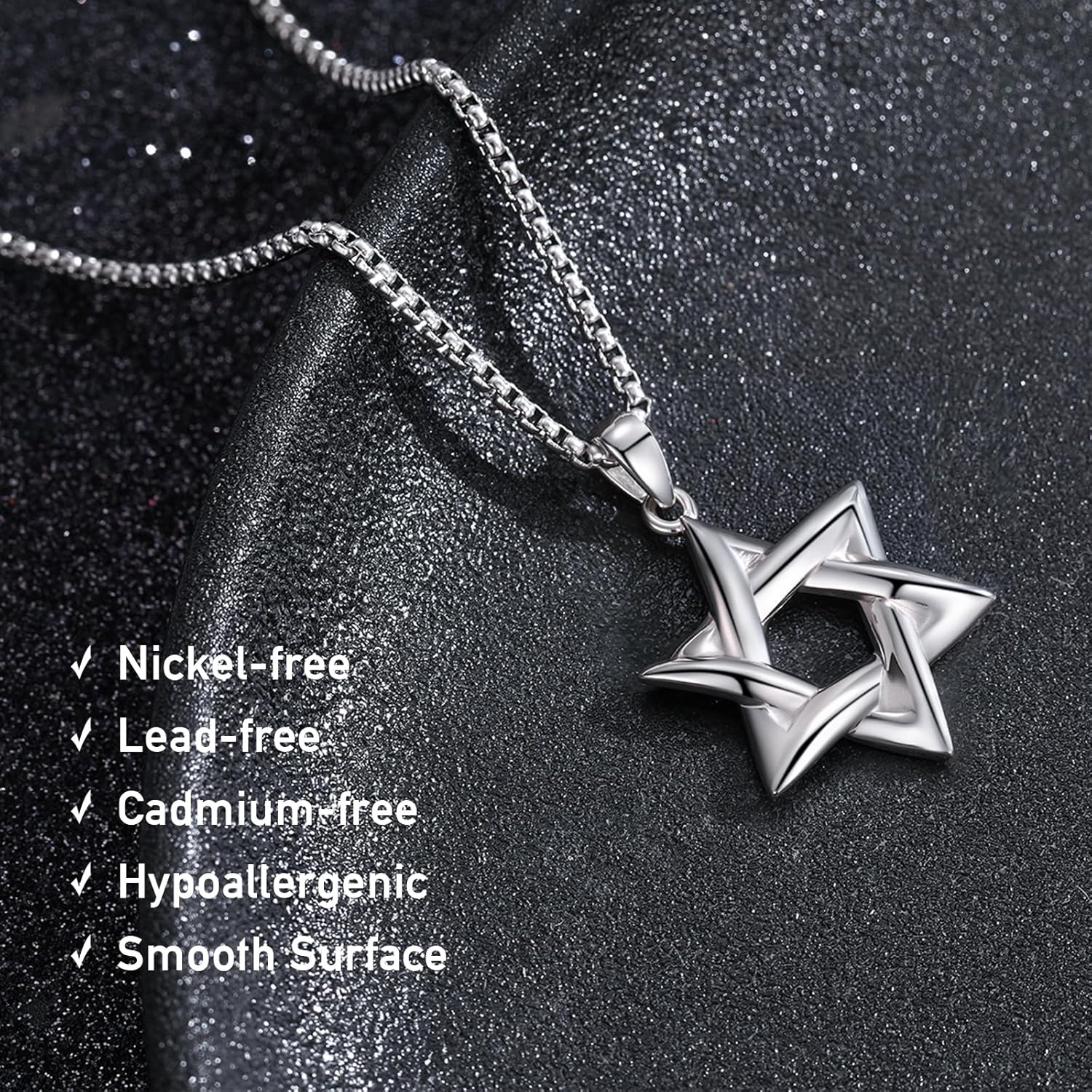 925 Sterling Silver Star of David Necklace with Stainless Steel Round Box Chain 22" + 2" - Image 3