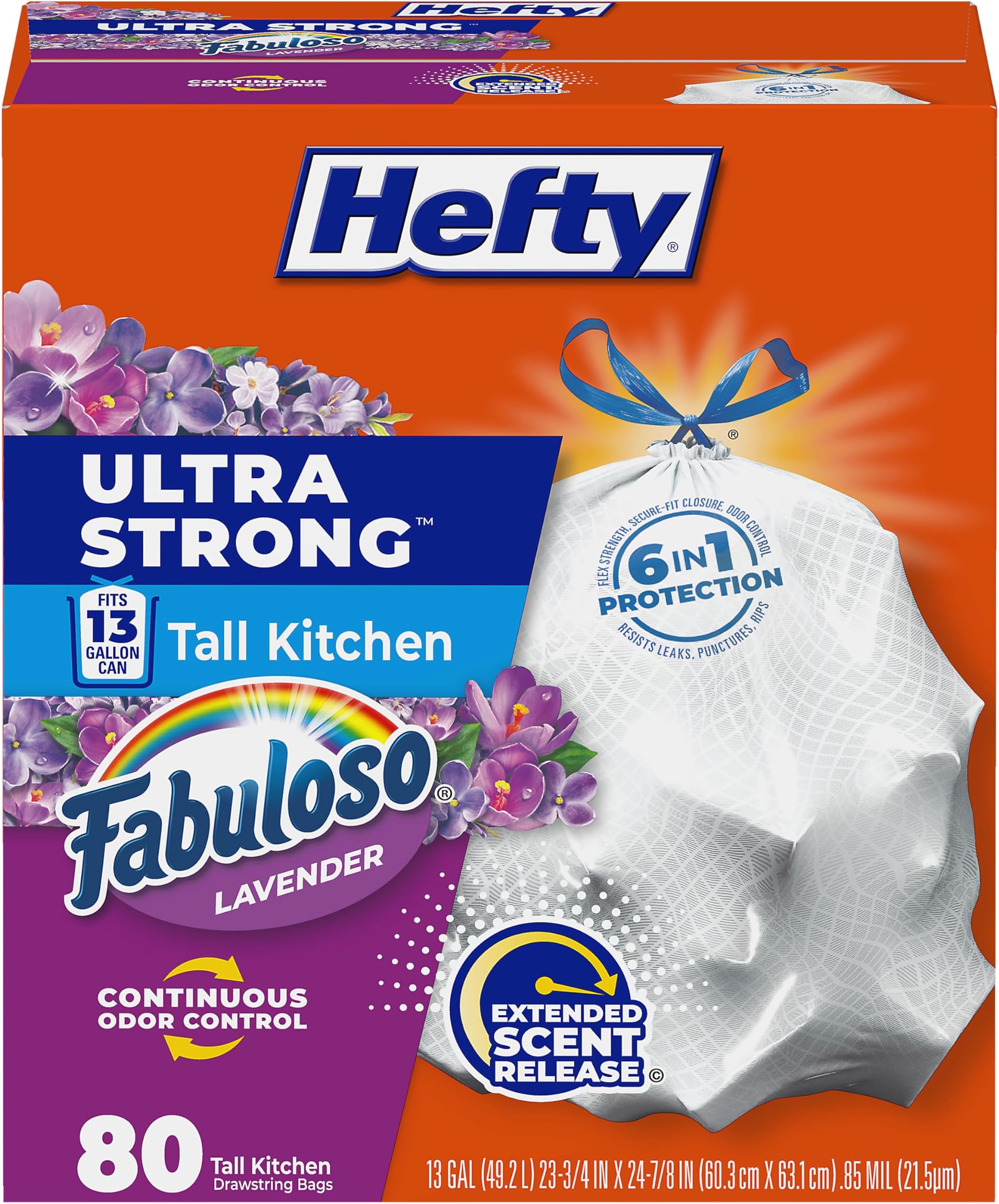 Hefty Ultra Strong 13 Gallon Trash Bags, Tall Kitchen Trash Bags 13 Gallon Size, Resist Leaks, Punctures, and Rips, Continuous Odor Control, White, Fabuloso Scent, 80 Bags