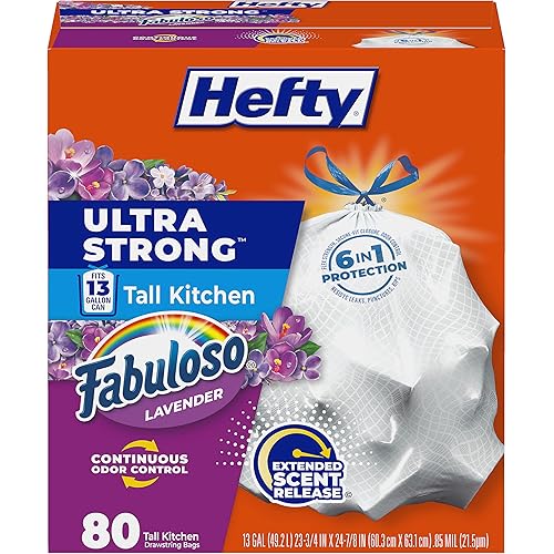 Hefty Ultra Strong 13 Gallon Trash Bags, Tall Kitchen Trash Bags 13 Gallon Size, Resist Leaks, Punctures, and Rips, Continuous Odor Control, White, Fabuloso Lavender Scent, 80 Bags