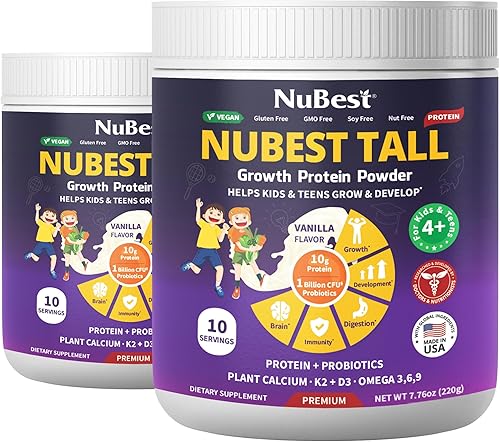 NuBest Tall Protein Powder for Kids & Teens - Batido de proteína vegana de vainilla en polvo, bebida proteica con probióticos, Omega 3-6-9, vitamina