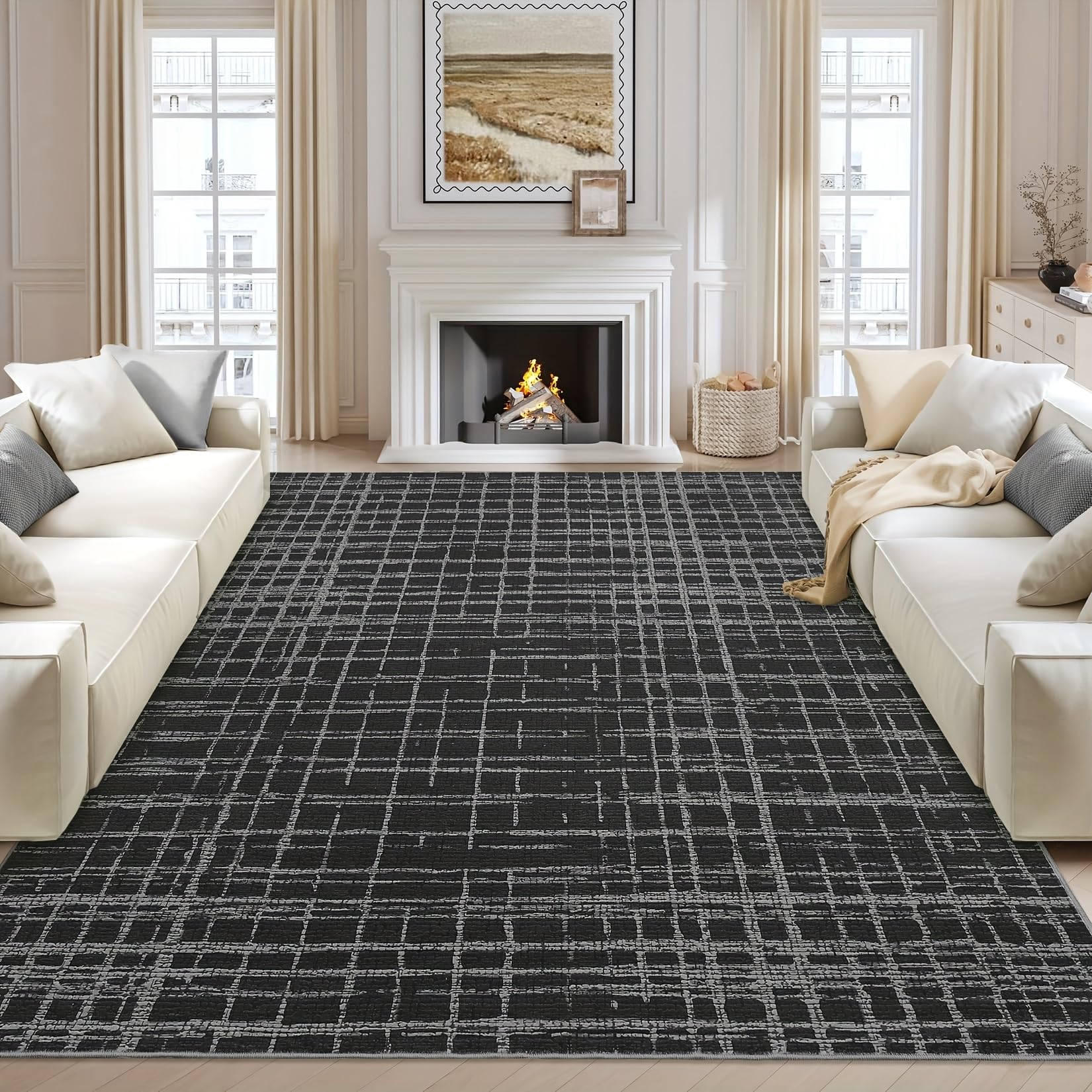 Tapis moderne lavable noir motif abstrait aspect usé 90x120