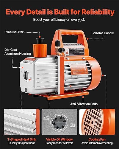 Miniatura 5 de VEVOR Bomba de vacío, 3.5 CFM 14 HP, HVAC Bomba de vacío de paletas rotativas de una sola etapa, para sistemas R134a R22 R410a, con botella de
