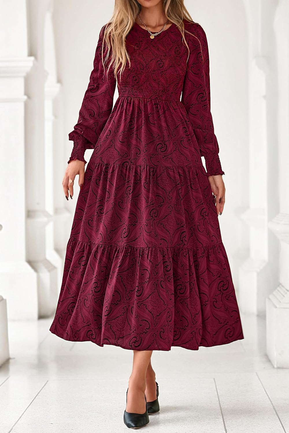 dowerme Maxi Dresses for Women 2026 Long Sleeve Floral Smocked A Line Polka Dot Flowy Boho Vacation Dress Spring Clothes - Image 3