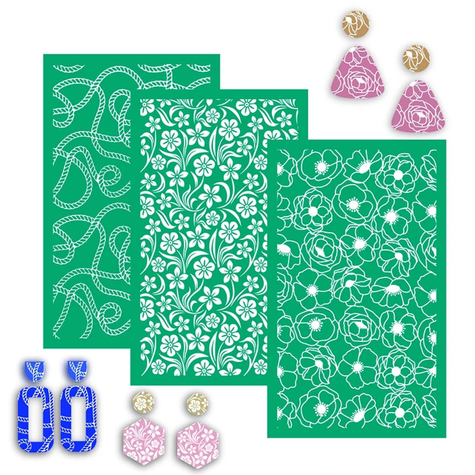 KEOKER Lot De 3 Pochoirs Réutilisables Pour Sérigraphie En Argile Polymère, Pour Impression Sur Argile Et Autres Bijoux, Décoration De Boucles D'oreilles, 15 ,2 X 9,7 Cm Chacun