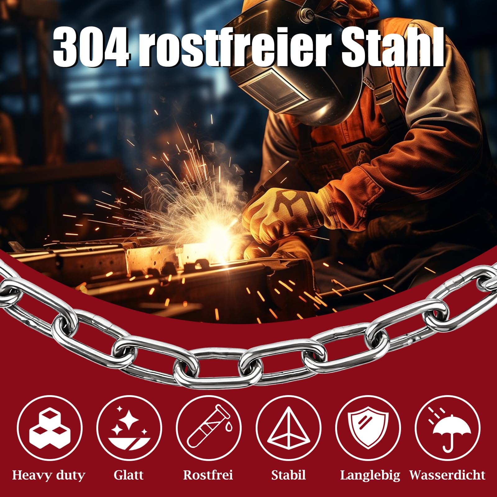 Chaine Acier Inoxydable 304 6 mm X 4 m Argent, Chaine Inox en Sachet pour Bricolage Jardin Atelier Décoration Fixation Legere Maison Projet Extérieur
