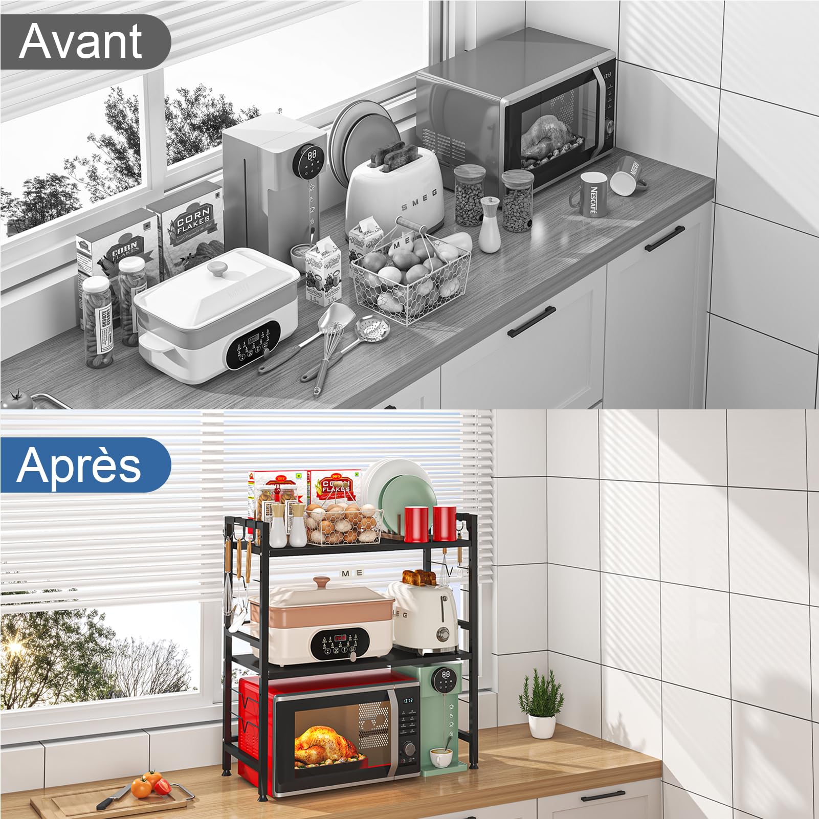 Support Extensible pour Four à Micro-Ondes à 3 Niveaux, Support d'étagère de Cuisine Hauteur Réglable avec 6 Crochets Suspendus Etagere Rangement Cuisine, Noir